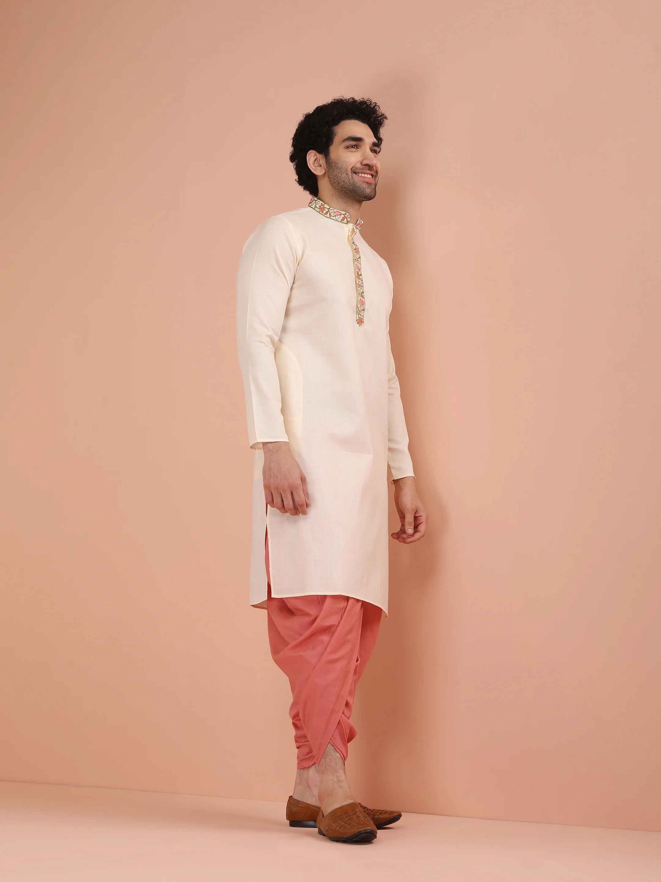 Cream Embroidered Kurta Dhoti Set - Image 2