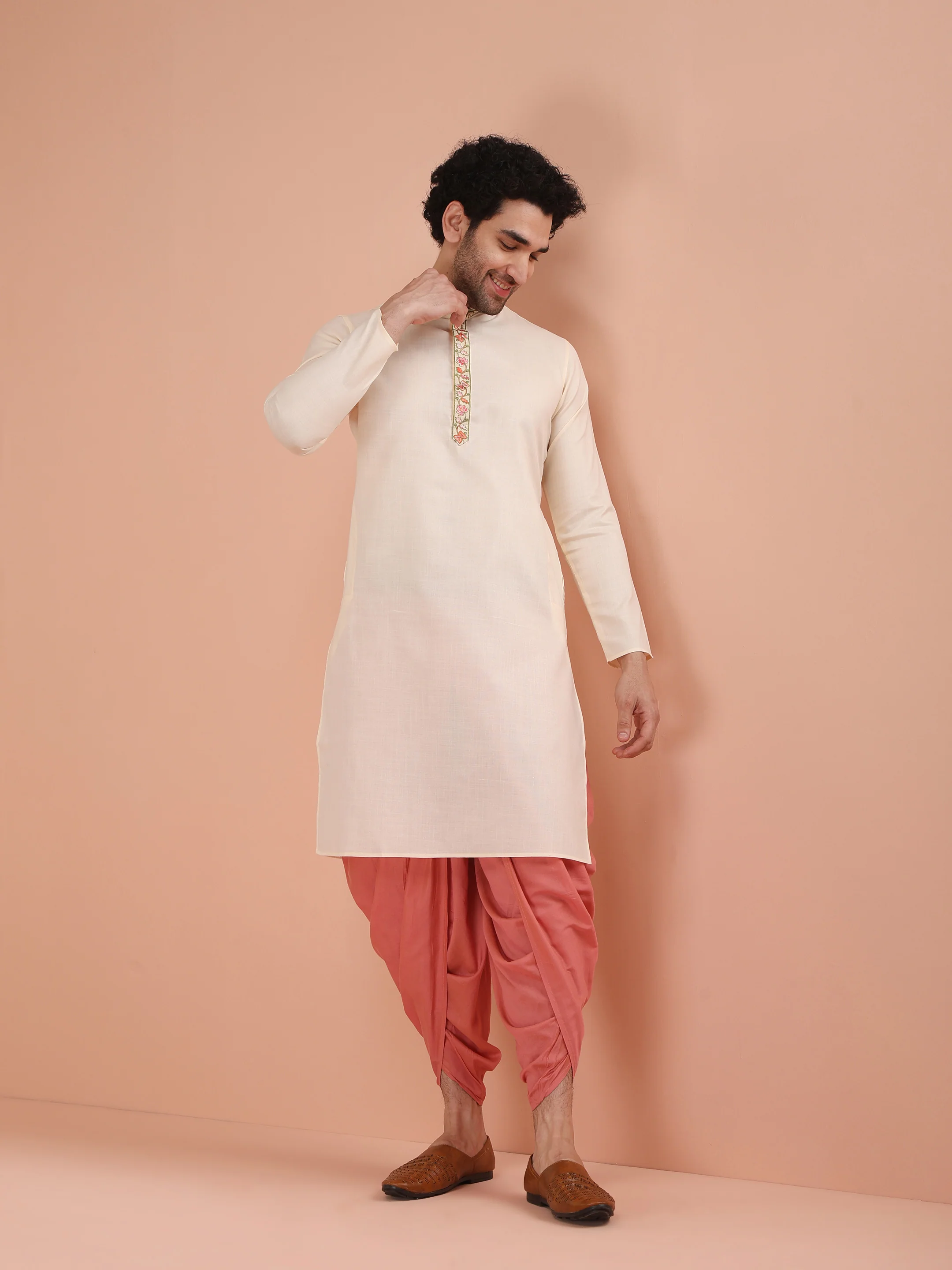 Cream Embroidered Kurta Dhoti Set - Image 8