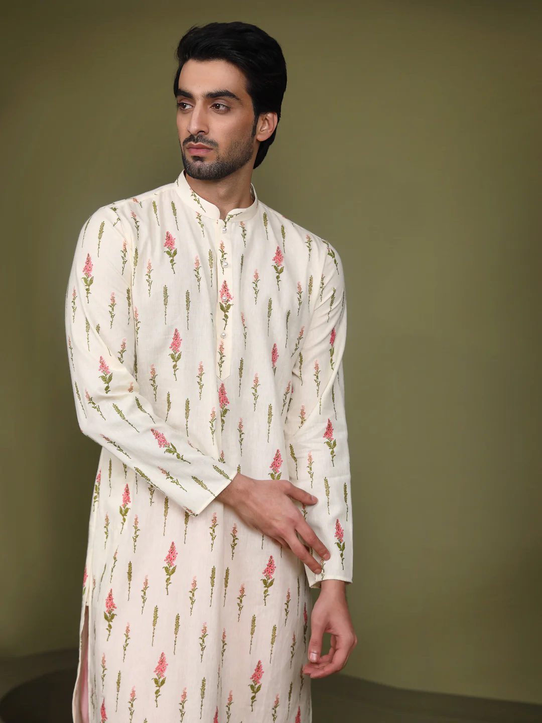 Cream Cotton Printed Kurta Dhoti Set - Image 5