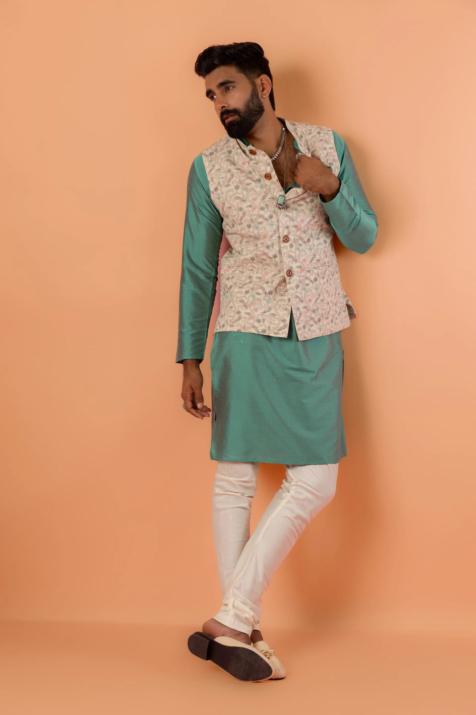 Green Silk Blend Kurta with Beige Multicolor Printed Nehru Jacket and White Churidar
