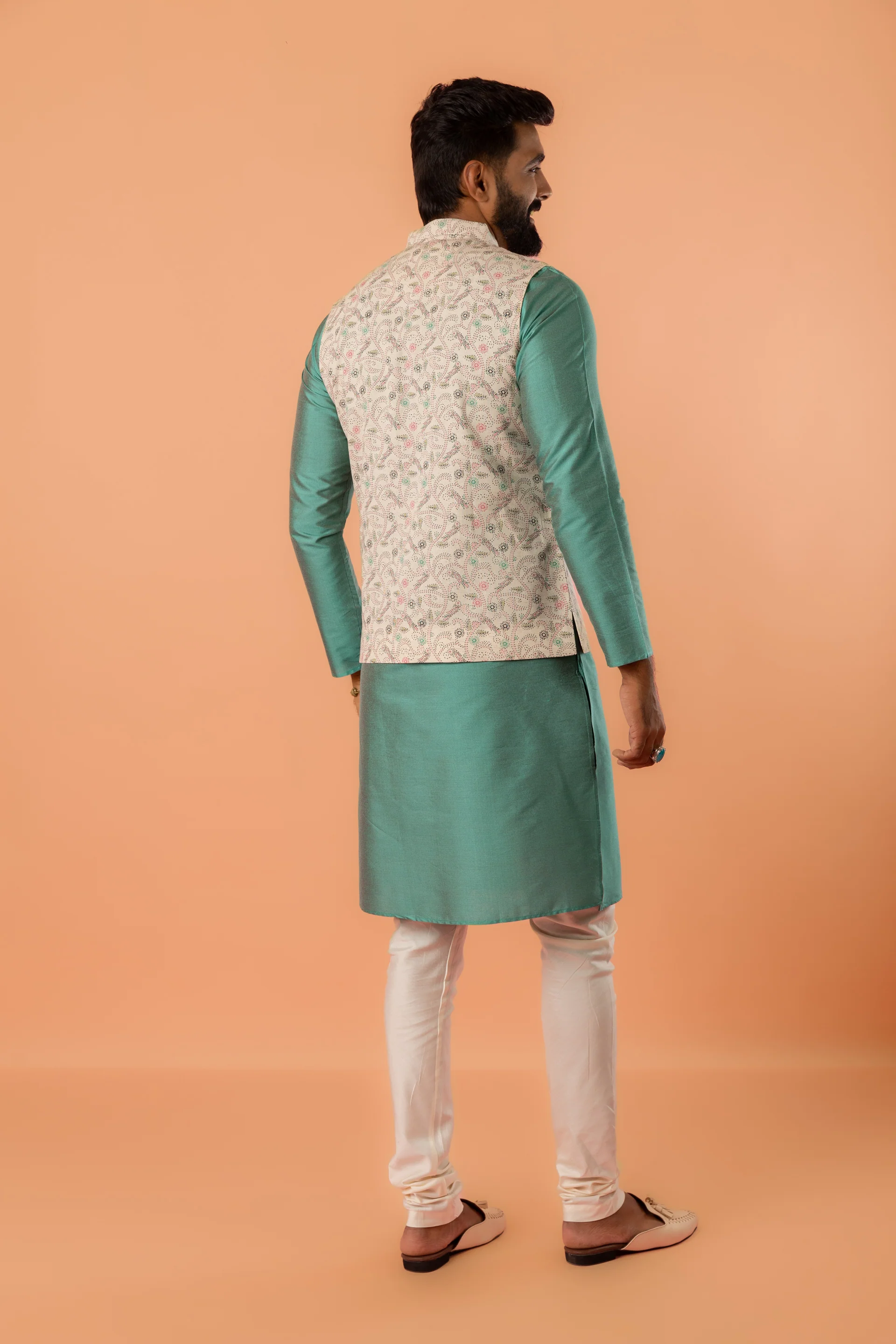 Green Silk Blend Kurta with Beige Multicolor Printed Nehru Jacket and White Churidar - Image 4
