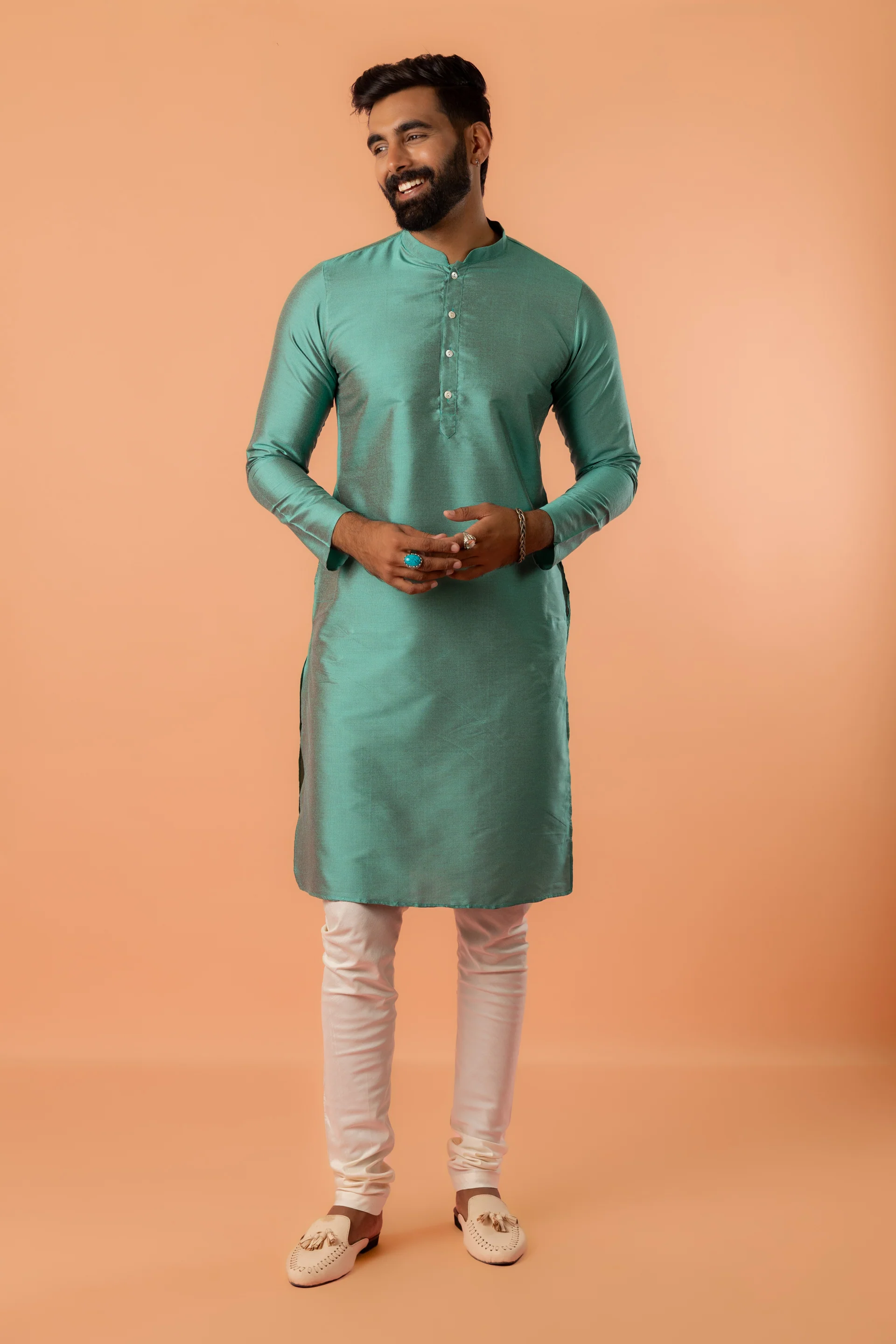 Green Silk Blend Kurta with Beige Multicolor Printed Nehru Jacket and White Churidar - Image 7