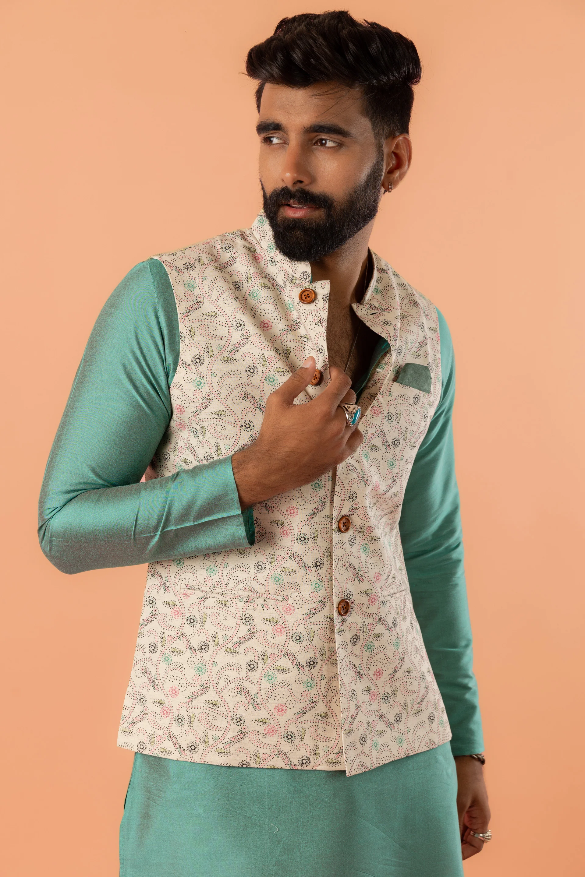 Green Silk Blend Kurta with Beige Multicolor Printed Nehru Jacket and White Churidar - Image 8