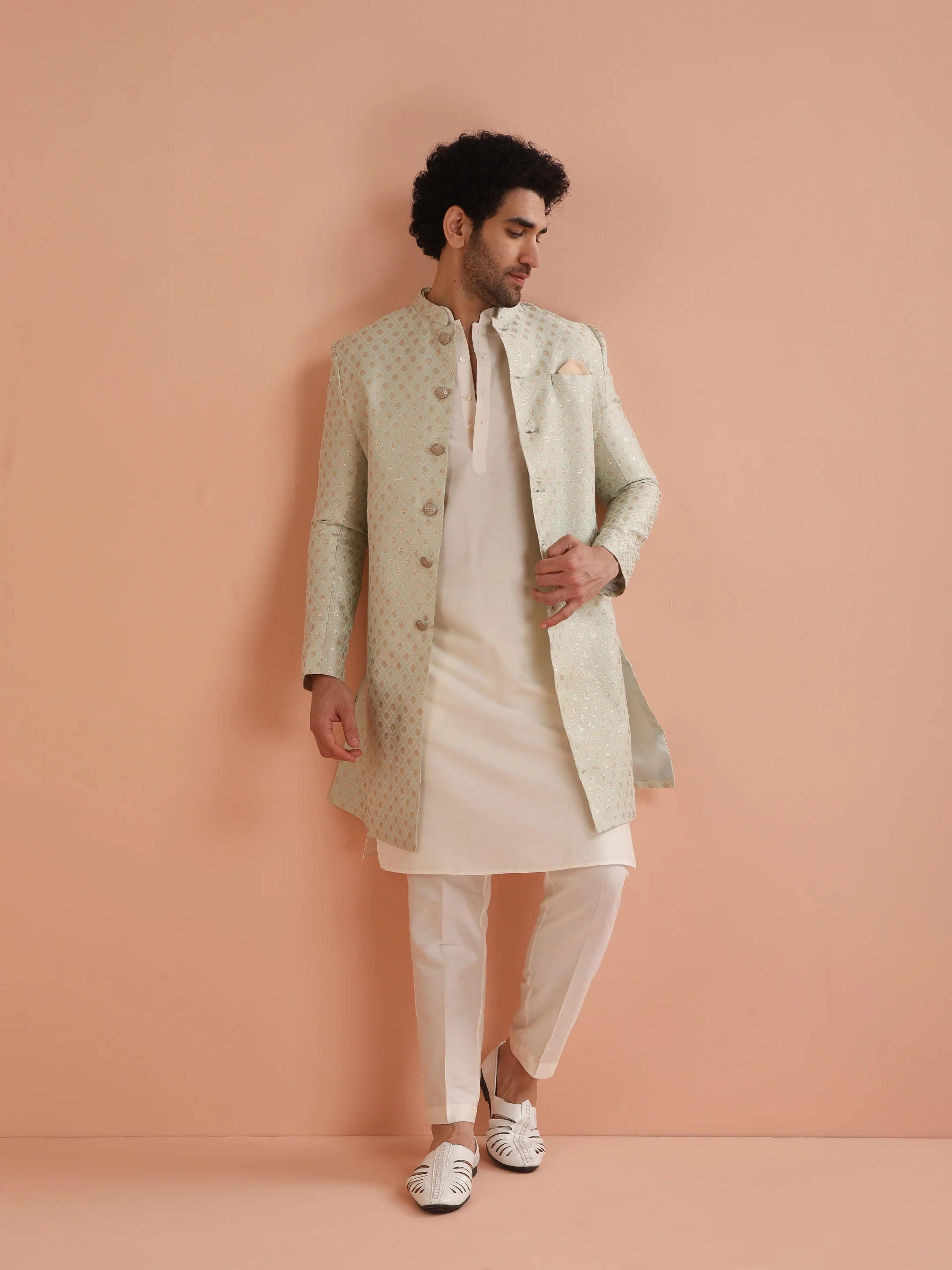 Men's Cream Kurta Indowestern Trouser Set