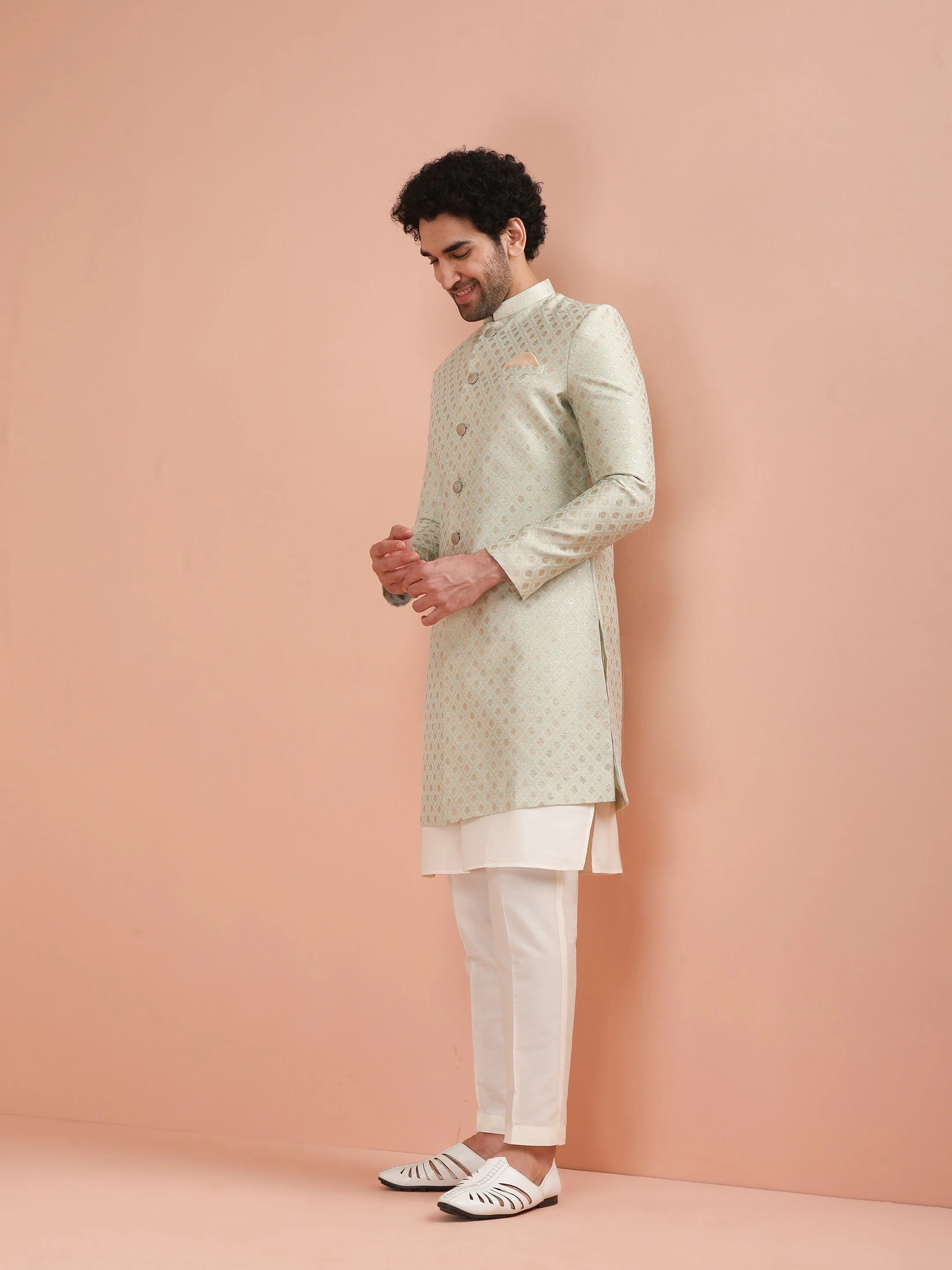 Men's Cream Kurta Indowestern Trouser Set - Image 10