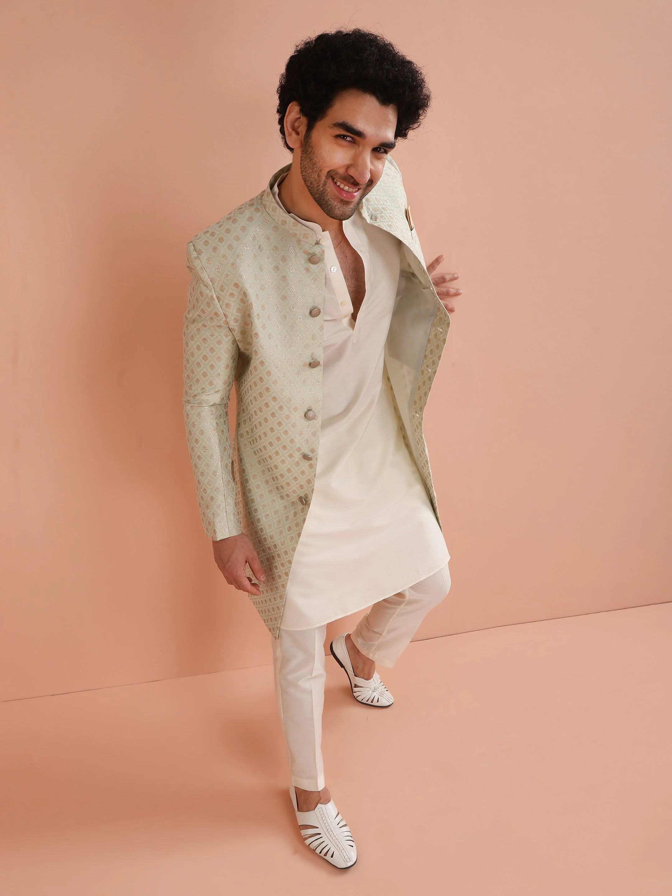 Men's Cream Kurta Indowestern Trouser Set - Image 11
