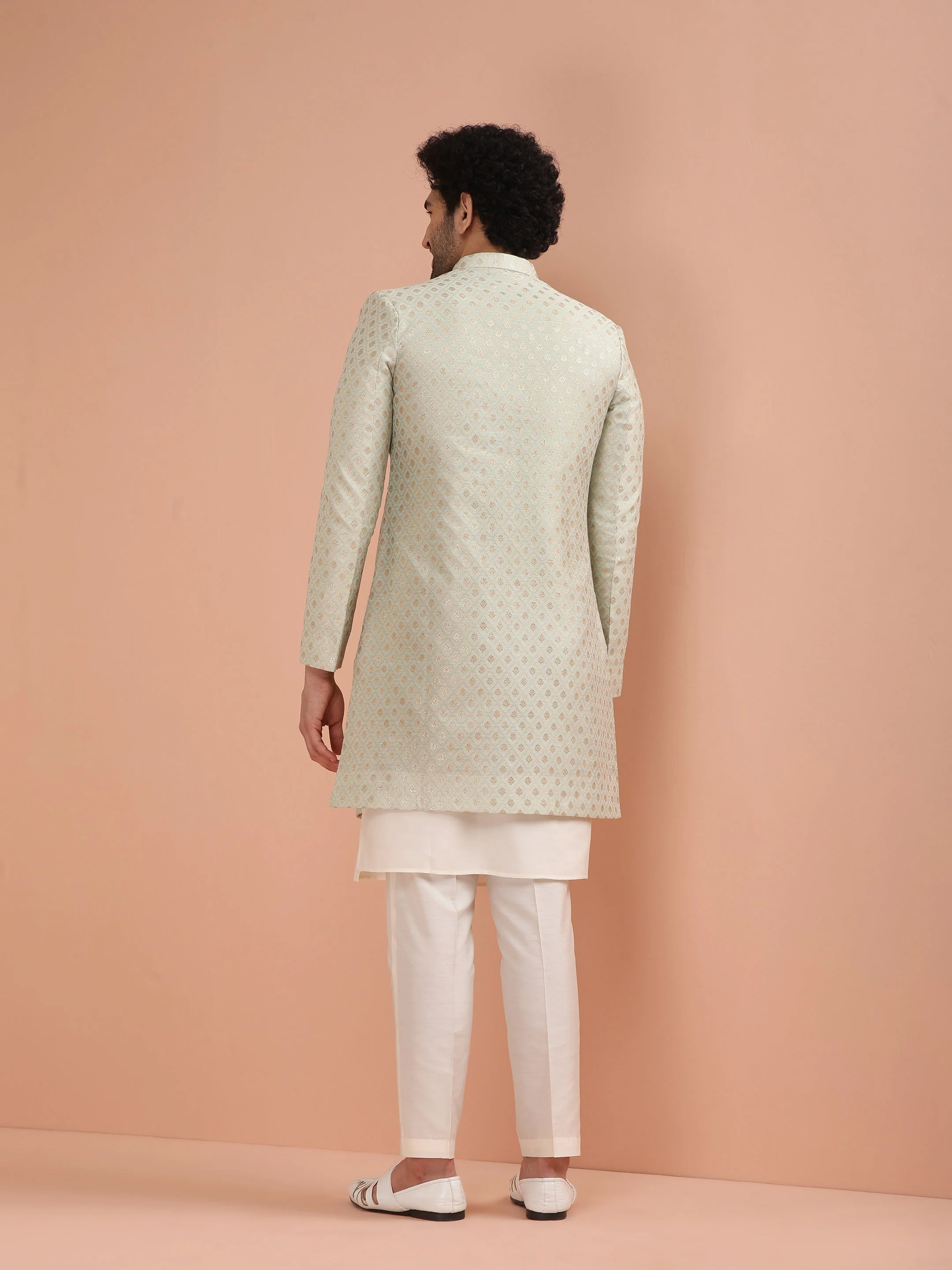 Men's Cream Kurta Indowestern Trouser Set - Image 12