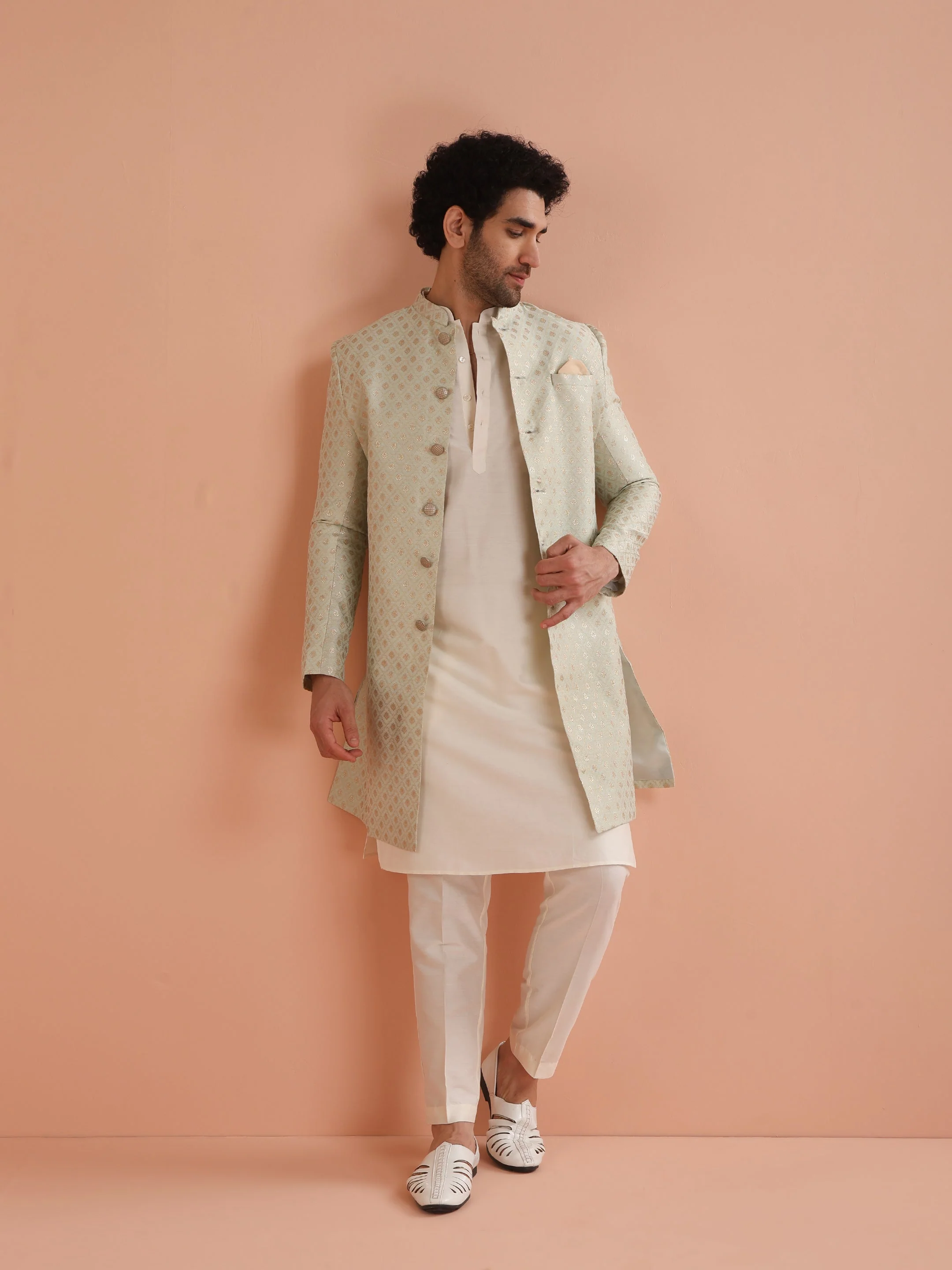 Men's Cream Kurta Indowestern Trouser Set - Image 17