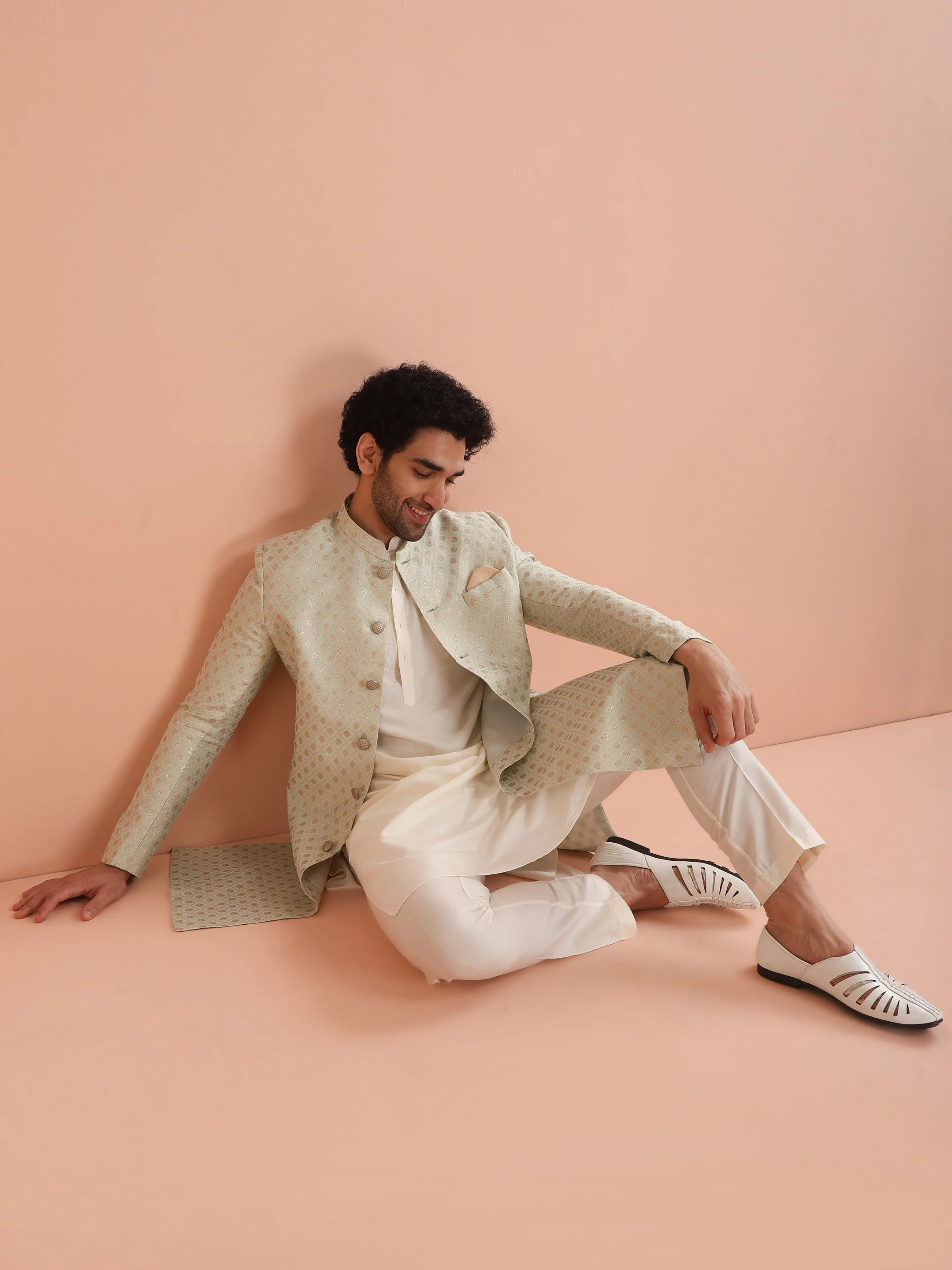 Men's Cream Kurta Indowestern Trouser Set - Image 8