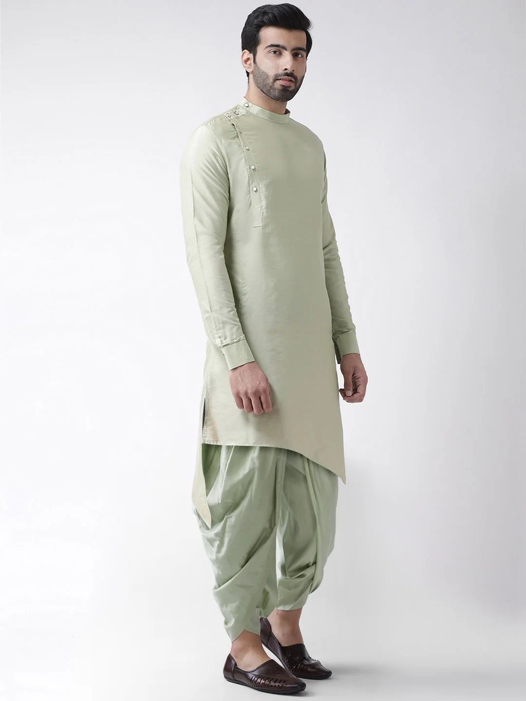 Pastel Green Asymmetric Kurta Churidar Set - Image 2