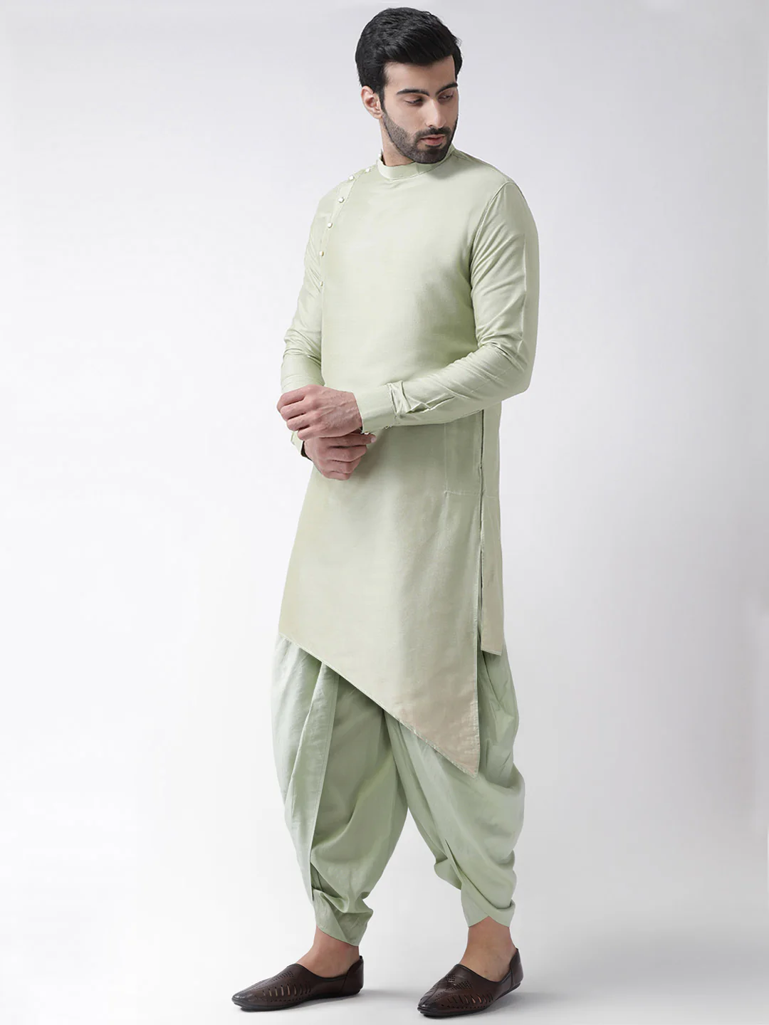 Pastel Green Asymmetric Kurta Churidar Set - Image 3