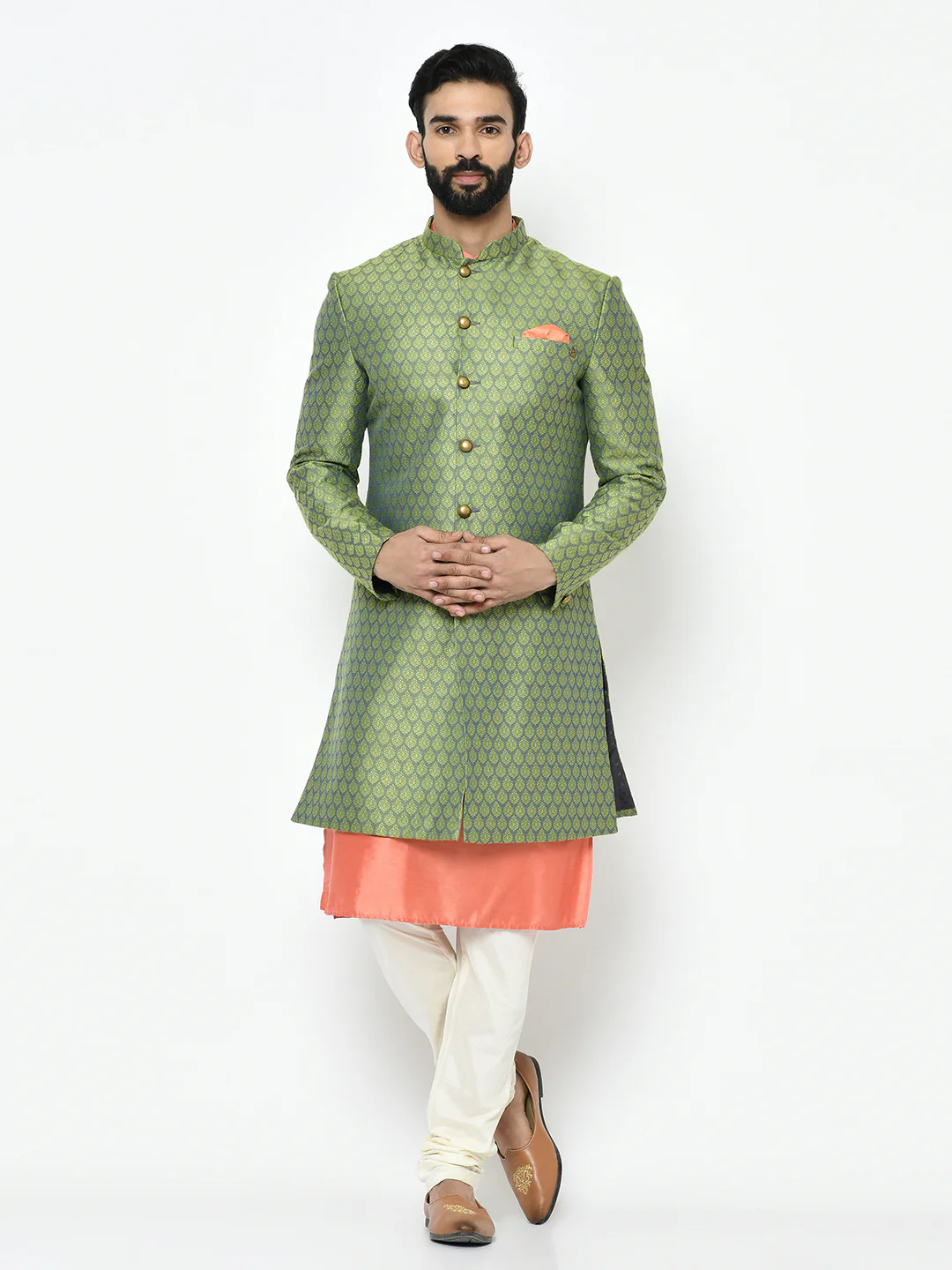Kisah Men's Green Kurta Indowestern Churidar Set