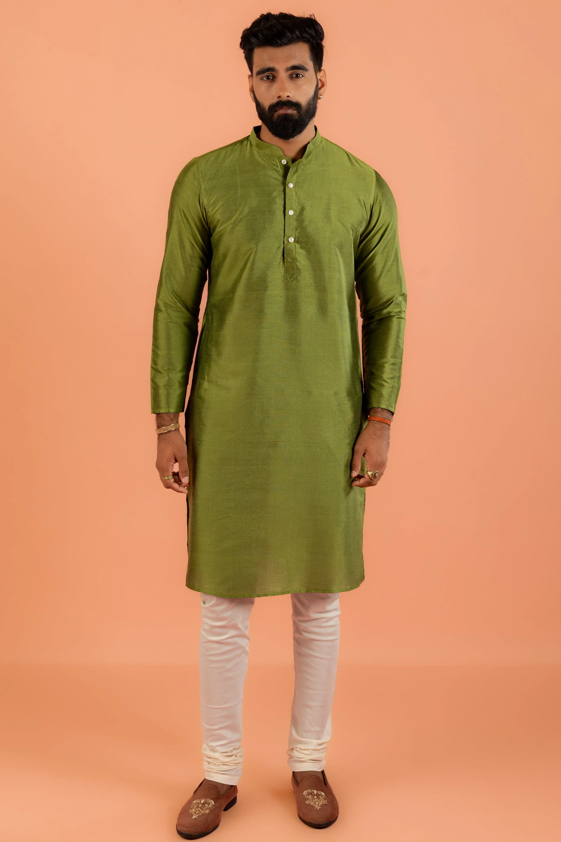 Green Silk Blend Woven Jacket Kurta Churidar Set - Image 24