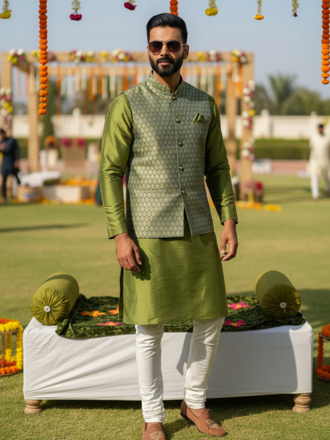 Green Silk Blend Woven Jacket Kurta Churidar Set - Image 26