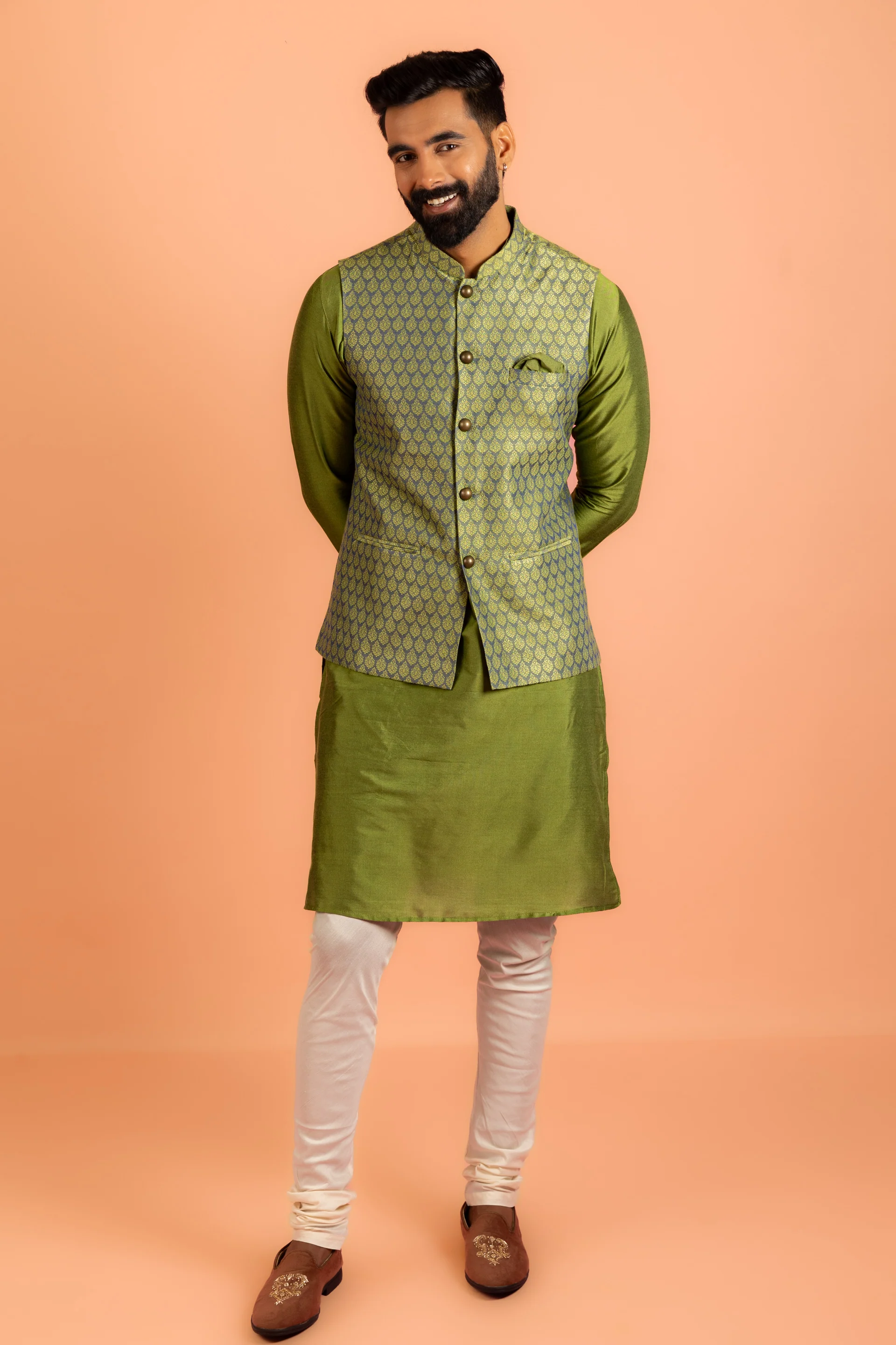 Green Silk Blend Woven Jacket Kurta Churidar Set - Image 9