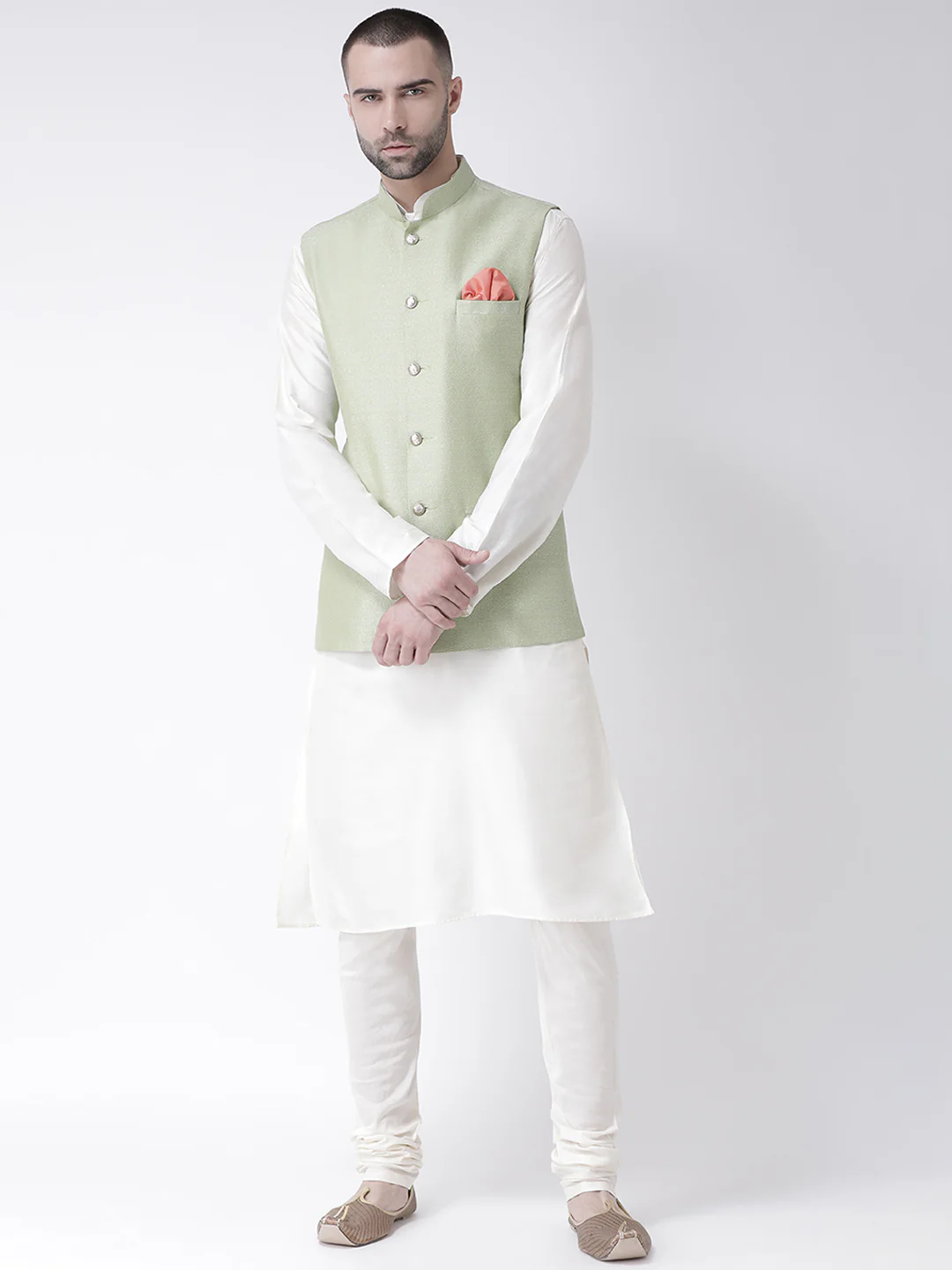 Men's Green Kurta Jacket Churidar Set
