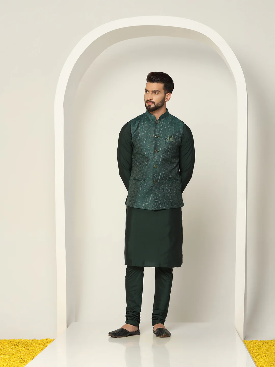 Dark Green Woven Nehru Jacket Kurta Churidar