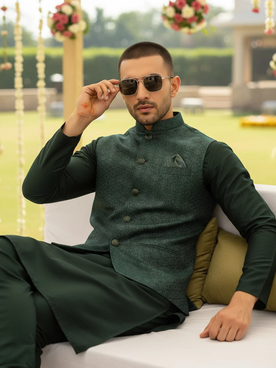 Dark Green Woven Nehru Jacket Kurta Churidar - Image 10