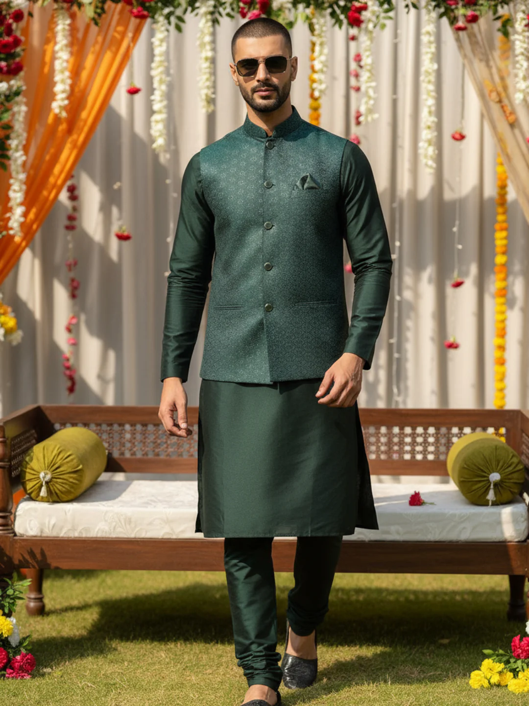 Dark Green Woven Nehru Jacket Kurta Churidar - Image 2