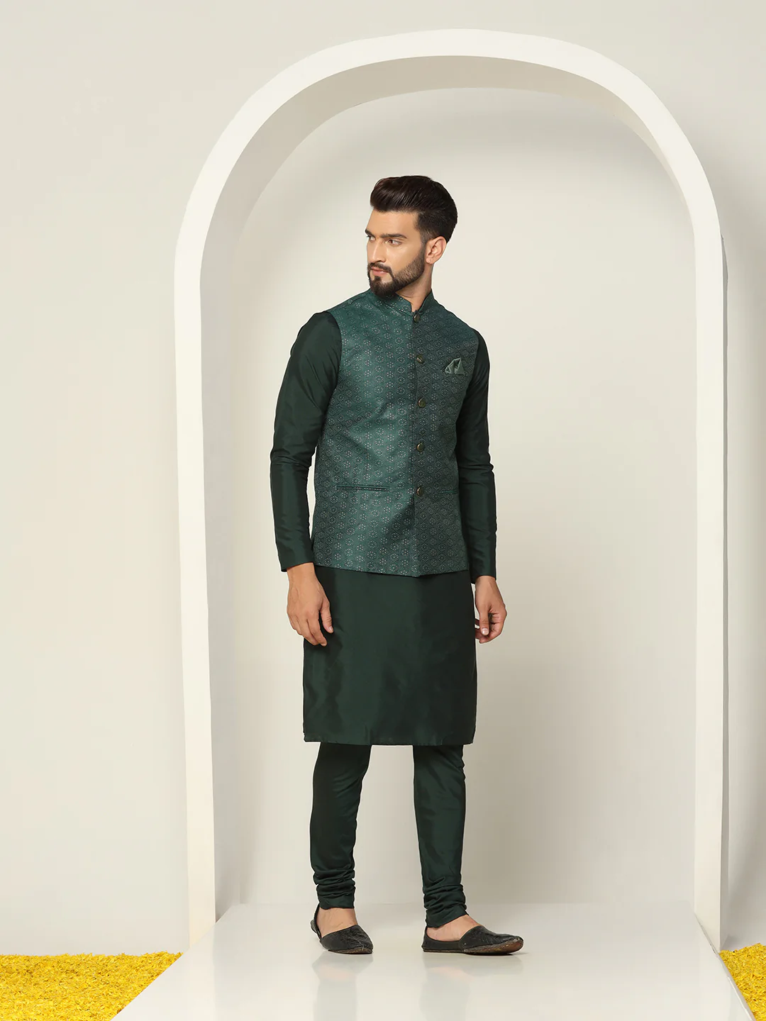 Dark Green Woven Nehru Jacket Kurta Churidar - Image 3