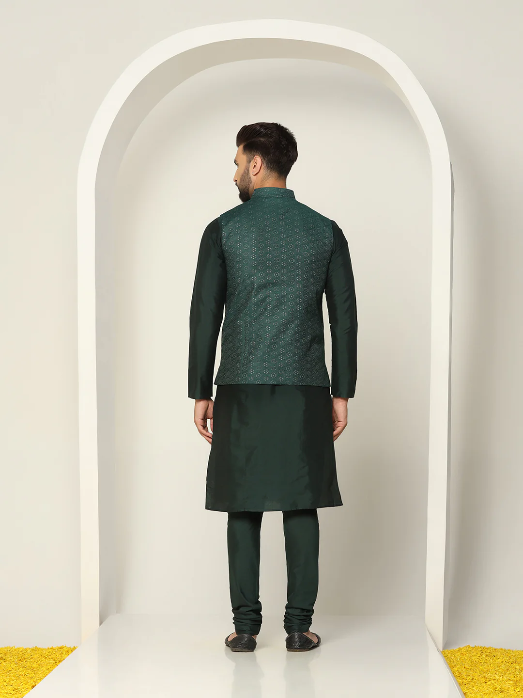 Dark Green Woven Nehru Jacket Kurta Churidar - Image 5