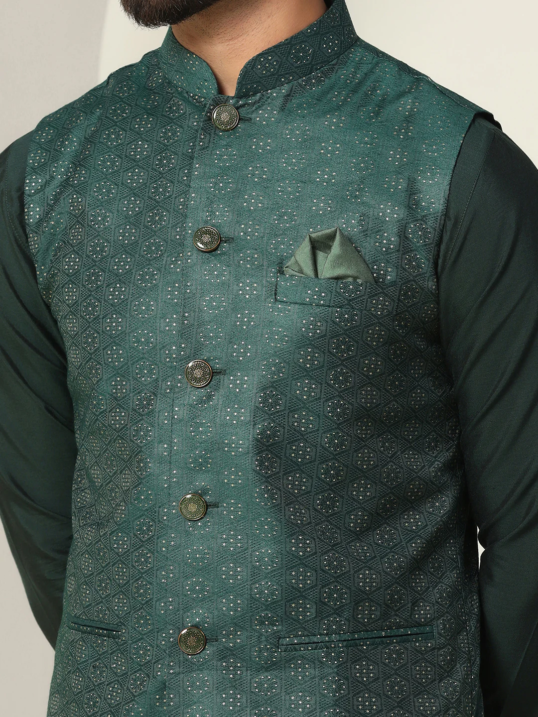 Dark Green Woven Nehru Jacket Kurta Churidar - Image 7