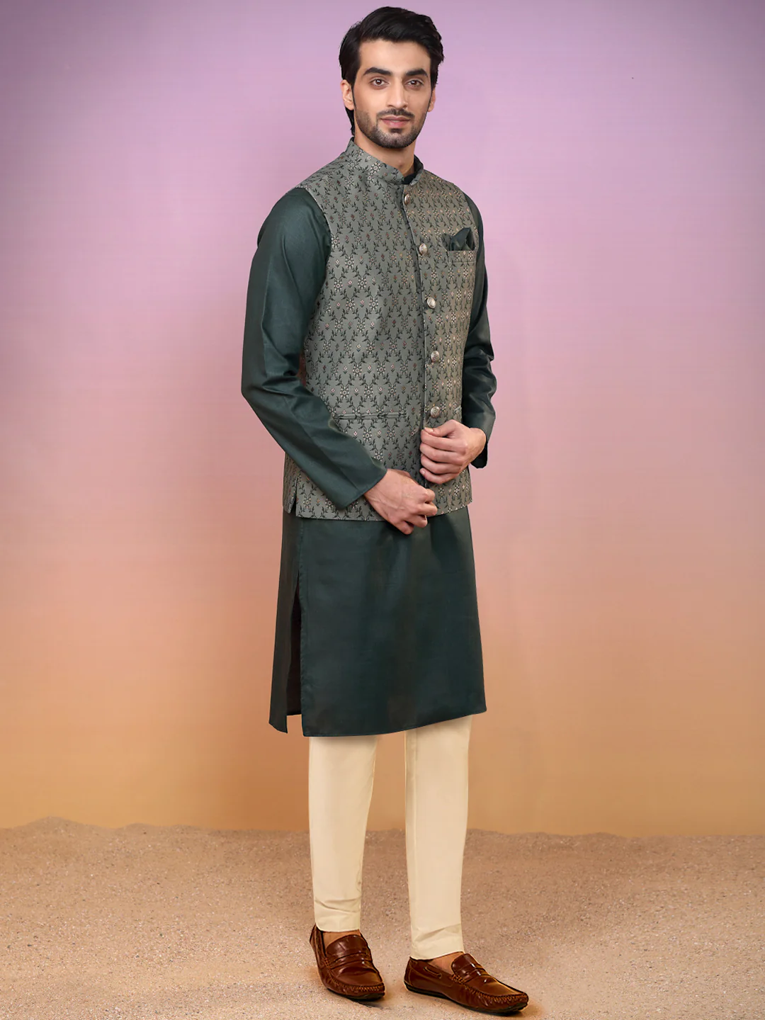 Green Jacket Kurta Trouser Set - Image 2