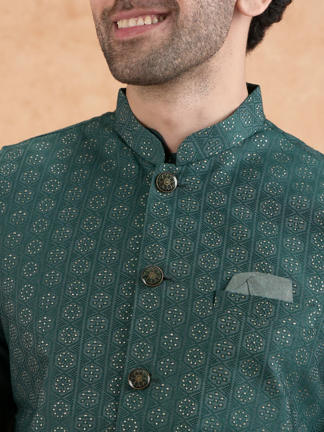 Bottle Green Silk Blend Sequin Embroidered Nehru Jacket - Image 2