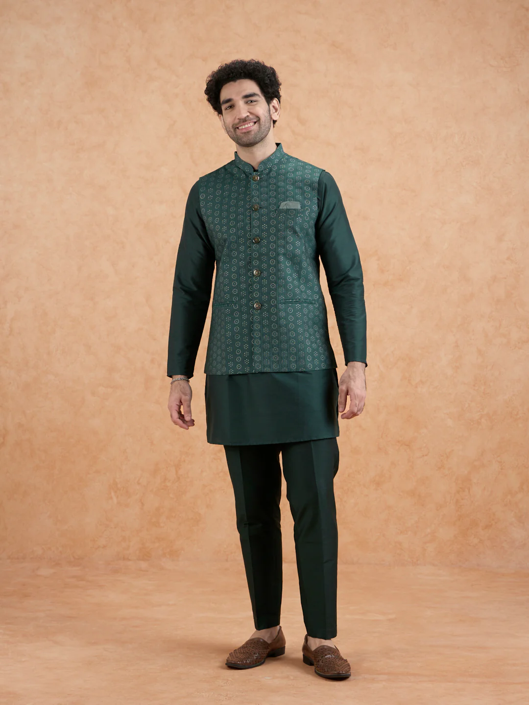 Bottle Green Silk Blend Sequin Embroidered Nehru Jacket - Image 6