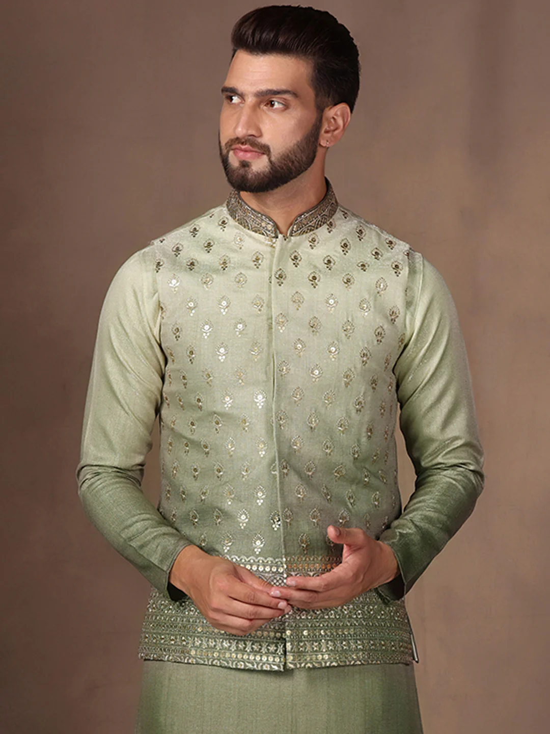 Men Green Ombre Embroidery Jacket
