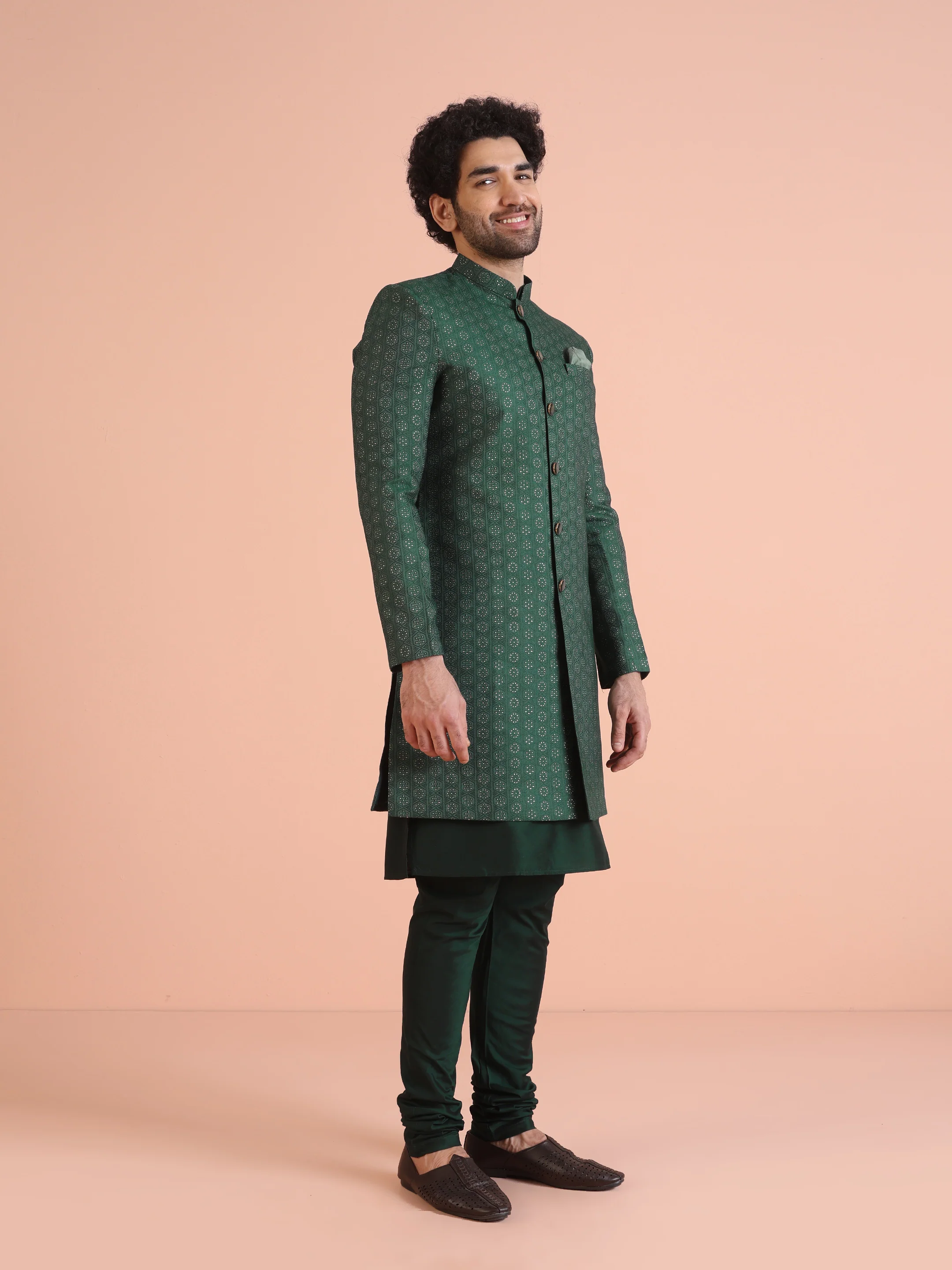 Men Green  Textured  Jacquard Kurta Indowestern Churidar Set - Image 2