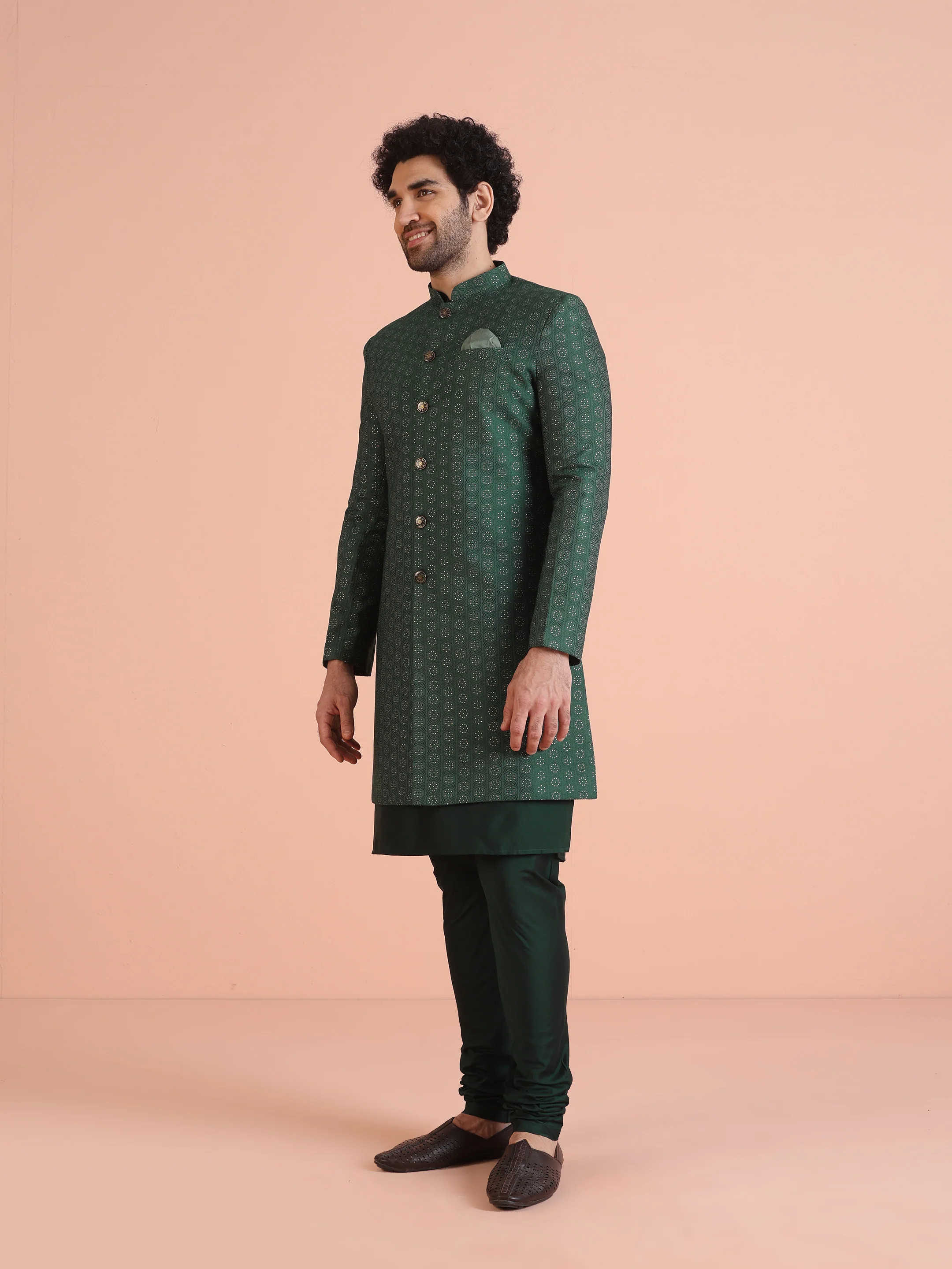 Men Green  Textured  Jacquard Kurta Indowestern Churidar Set - Image 3