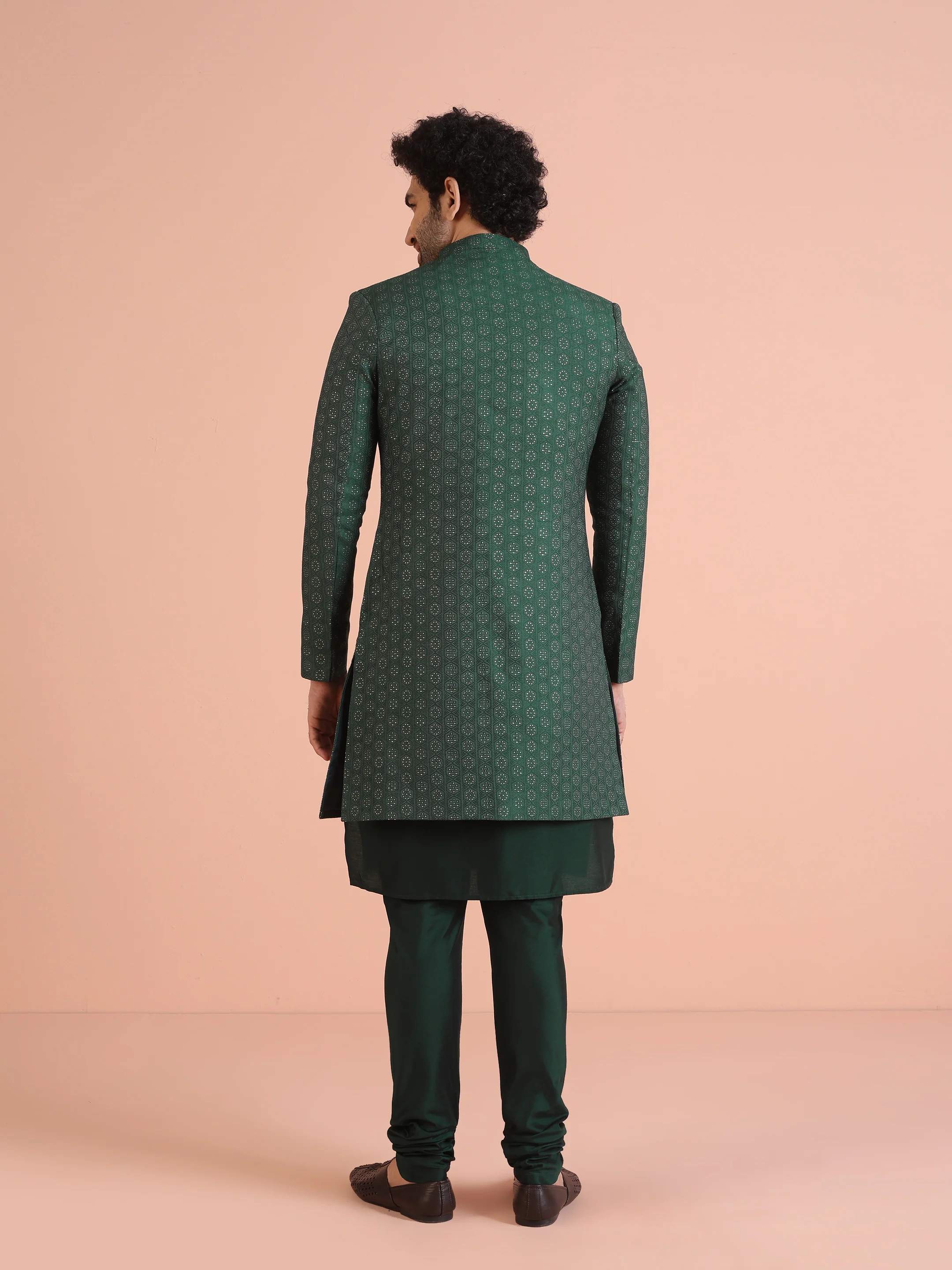 Men Green  Textured  Jacquard Kurta Indowestern Churidar Set - Image 4