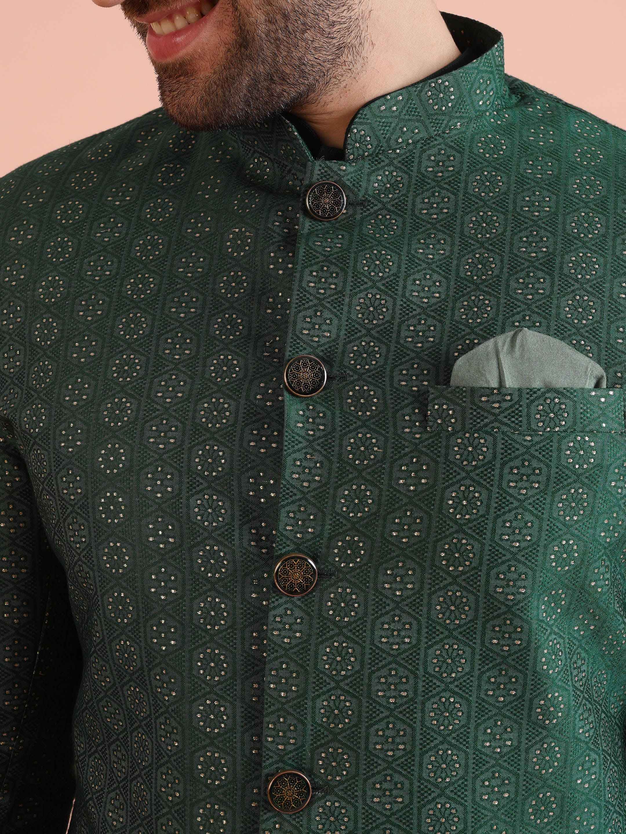 Men Green  Textured  Jacquard Kurta Indowestern Churidar Set - Image 5