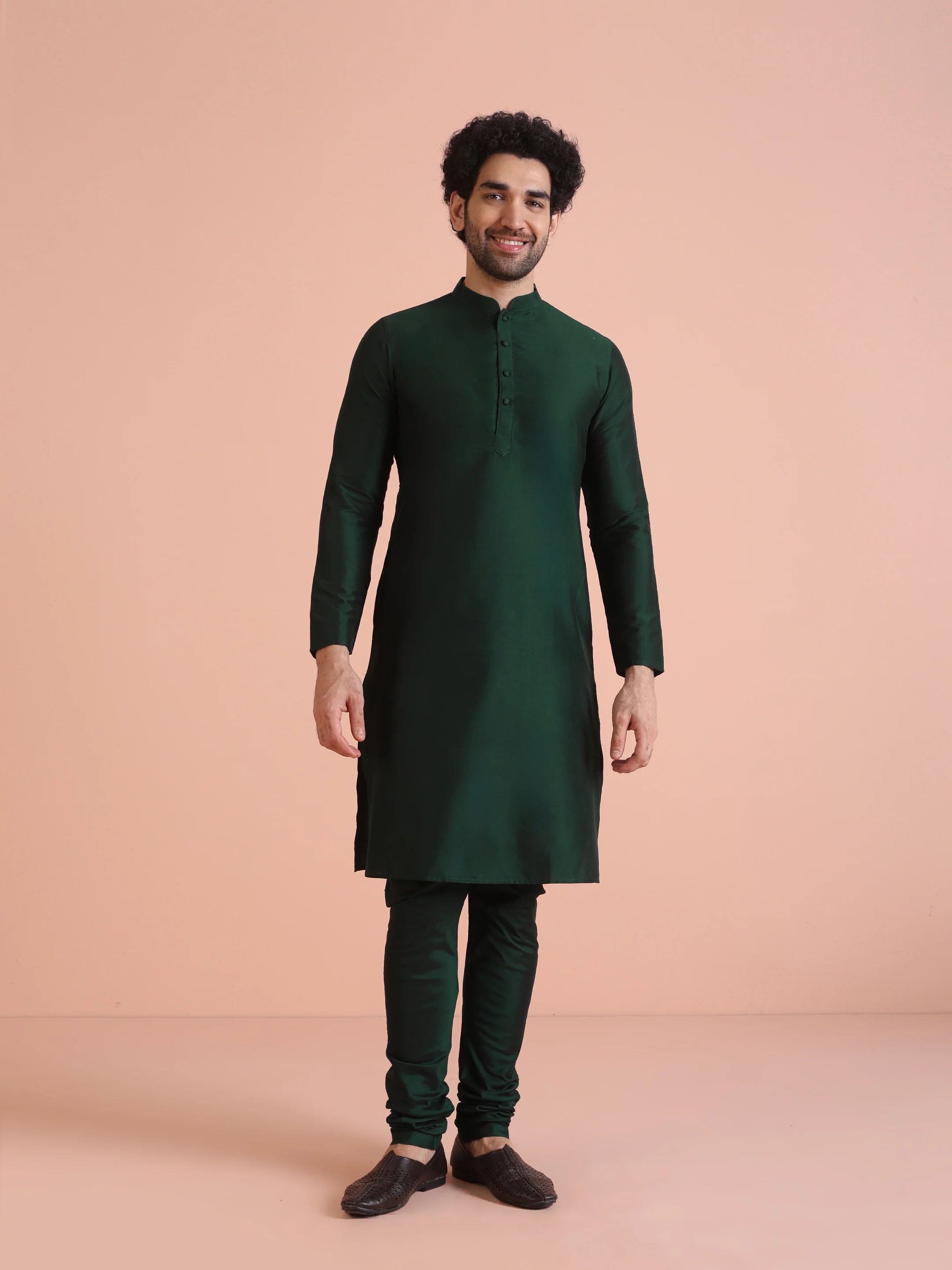 Men Green  Textured  Jacquard Kurta Indowestern Churidar Set - Image 7