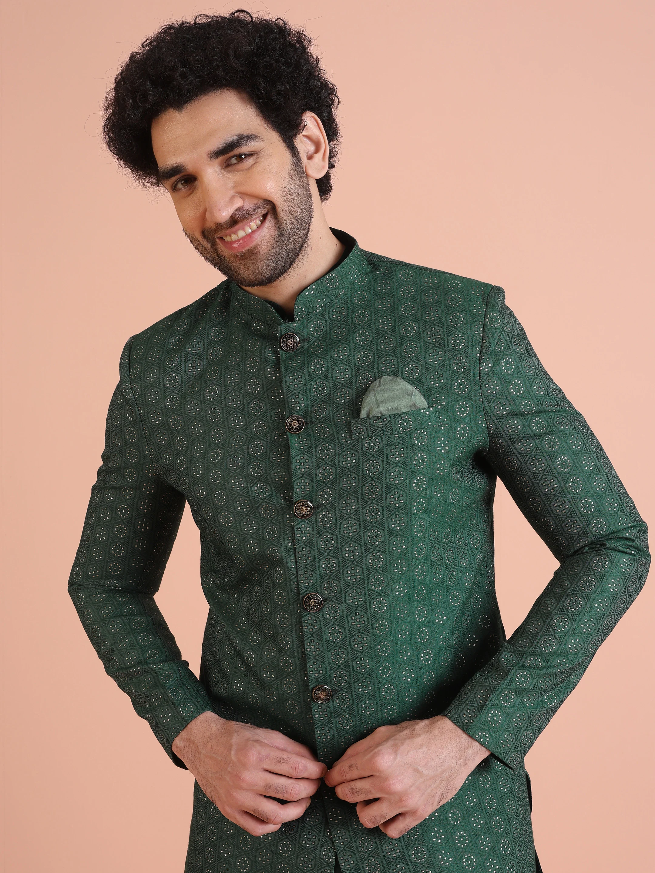 Men Green  Textured  Jacquard Kurta Indowestern Churidar Set - Image 8