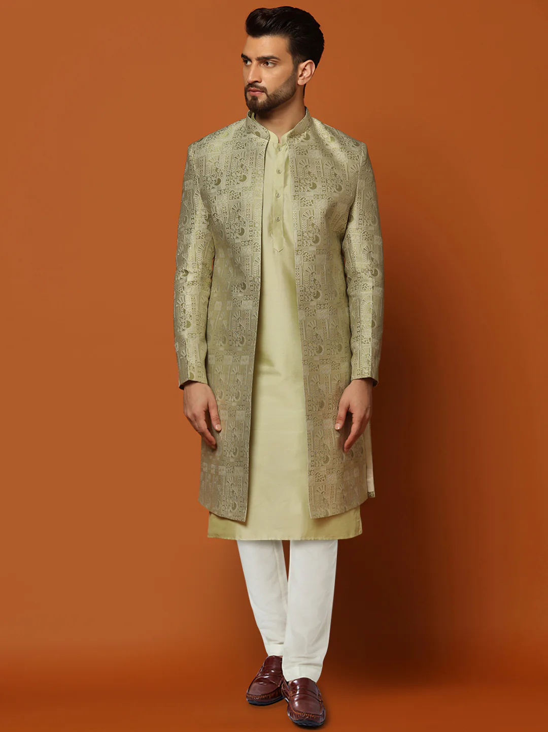 Gold Silk Blend Embroidered Front Open Sherwani Set