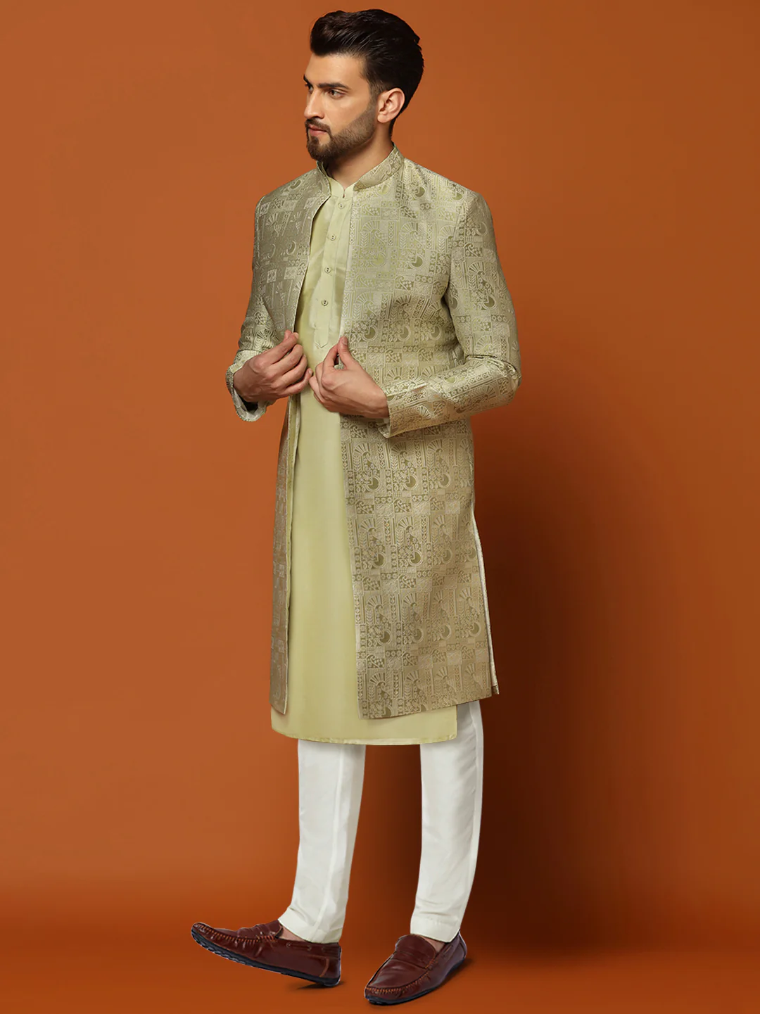 Gold Silk Blend Embroidered Front Open Sherwani Set - Image 2