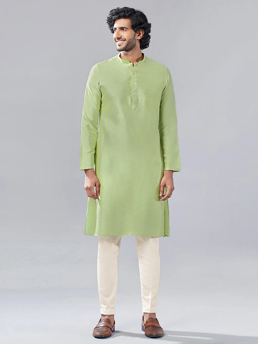 Green Silk Blend Kurta Trouser with Textured Dupatta - Image 5