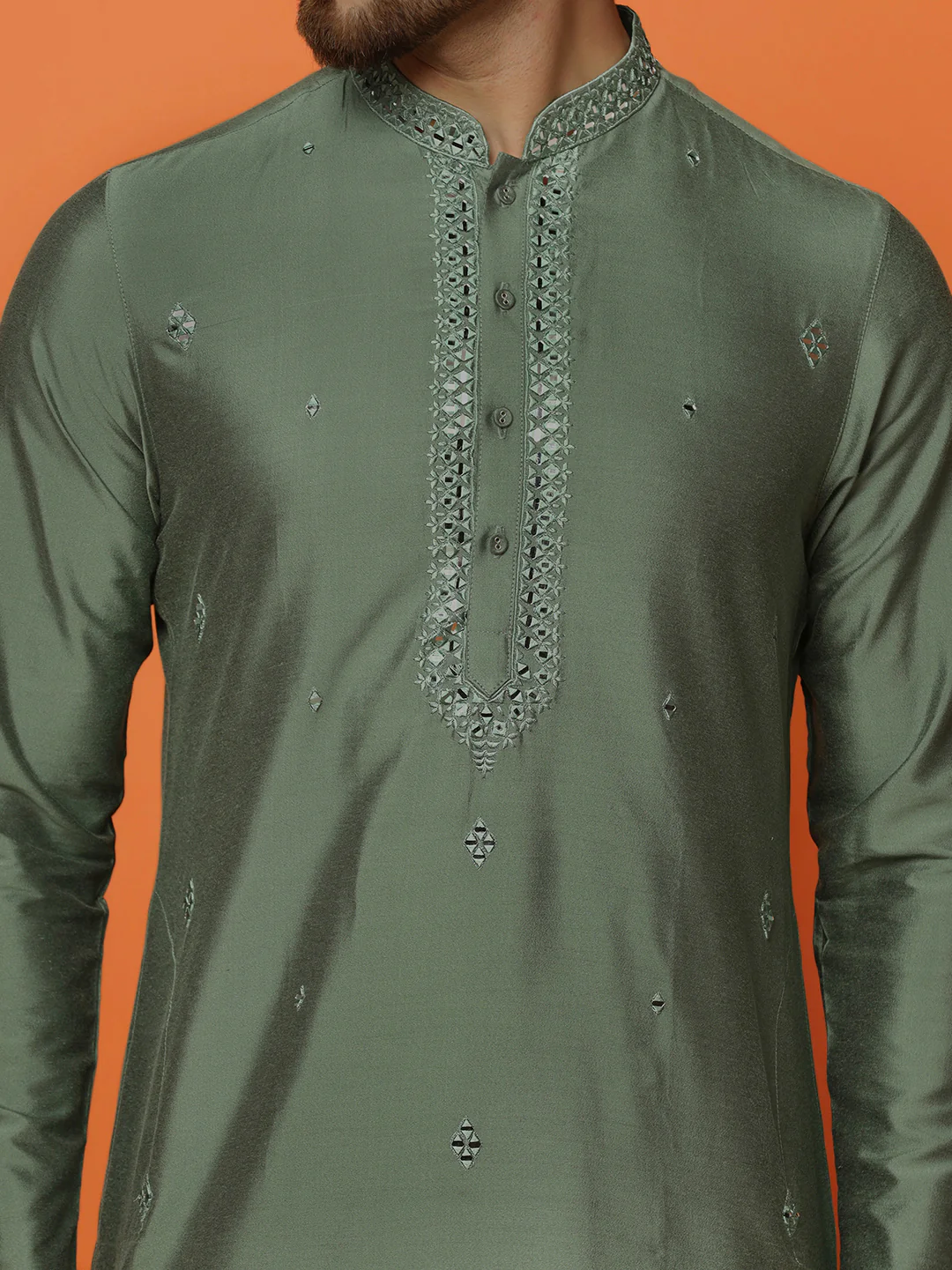 Green Silk Blend Embroidered Kurta Trouser Set - Image 5