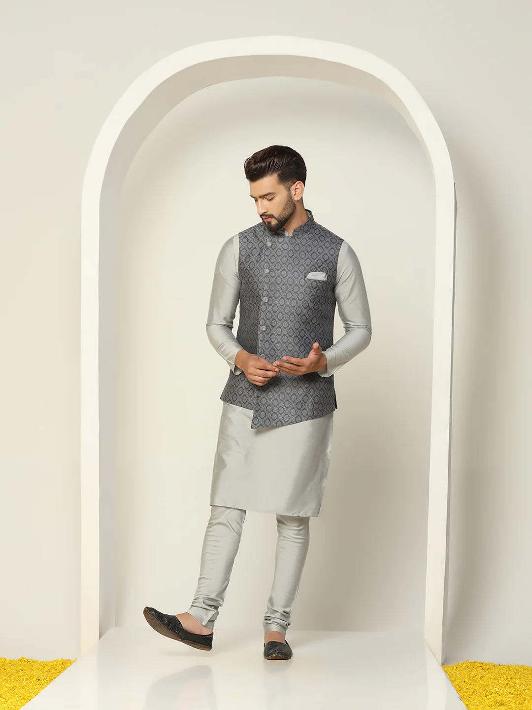 Men Grey Asymmetrical Textured Kurta Jacket Churidar - Image 3