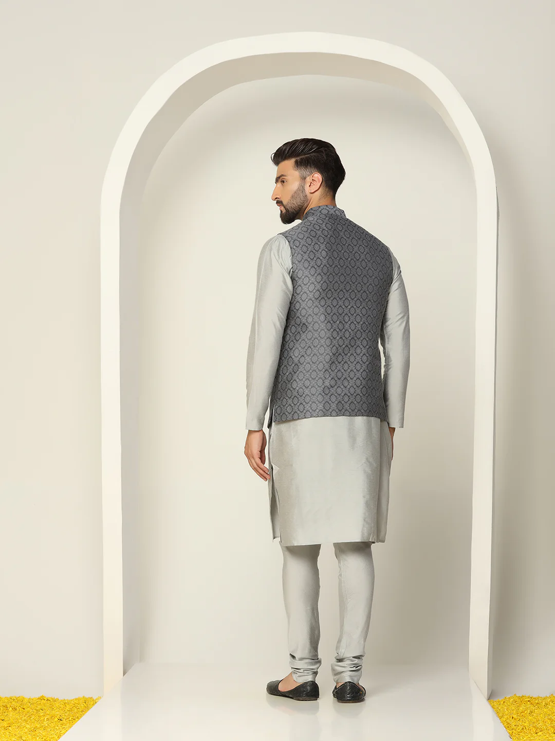 Men Grey Asymmetrical Textured Kurta Jacket Churidar - Image 4