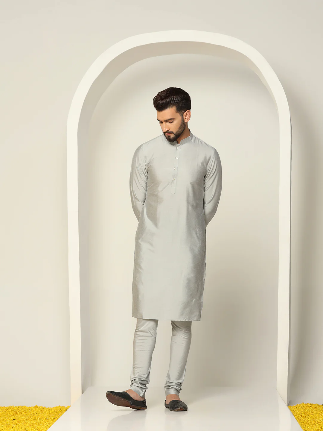 Men Grey Asymmetrical Textured Kurta Jacket Churidar - Image 5