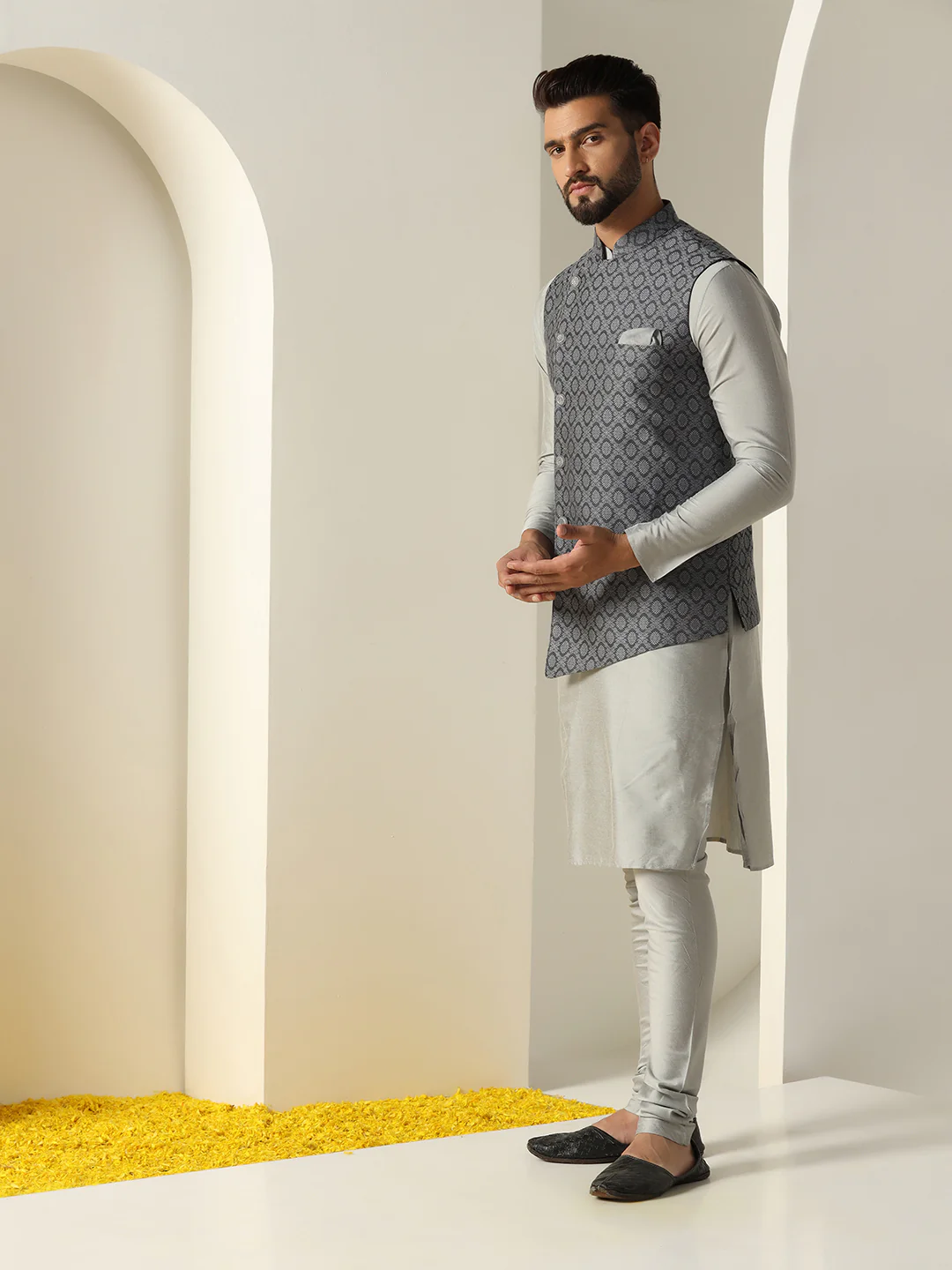 Men Grey Asymmetrical Textured Kurta Jacket Churidar - Image 8
