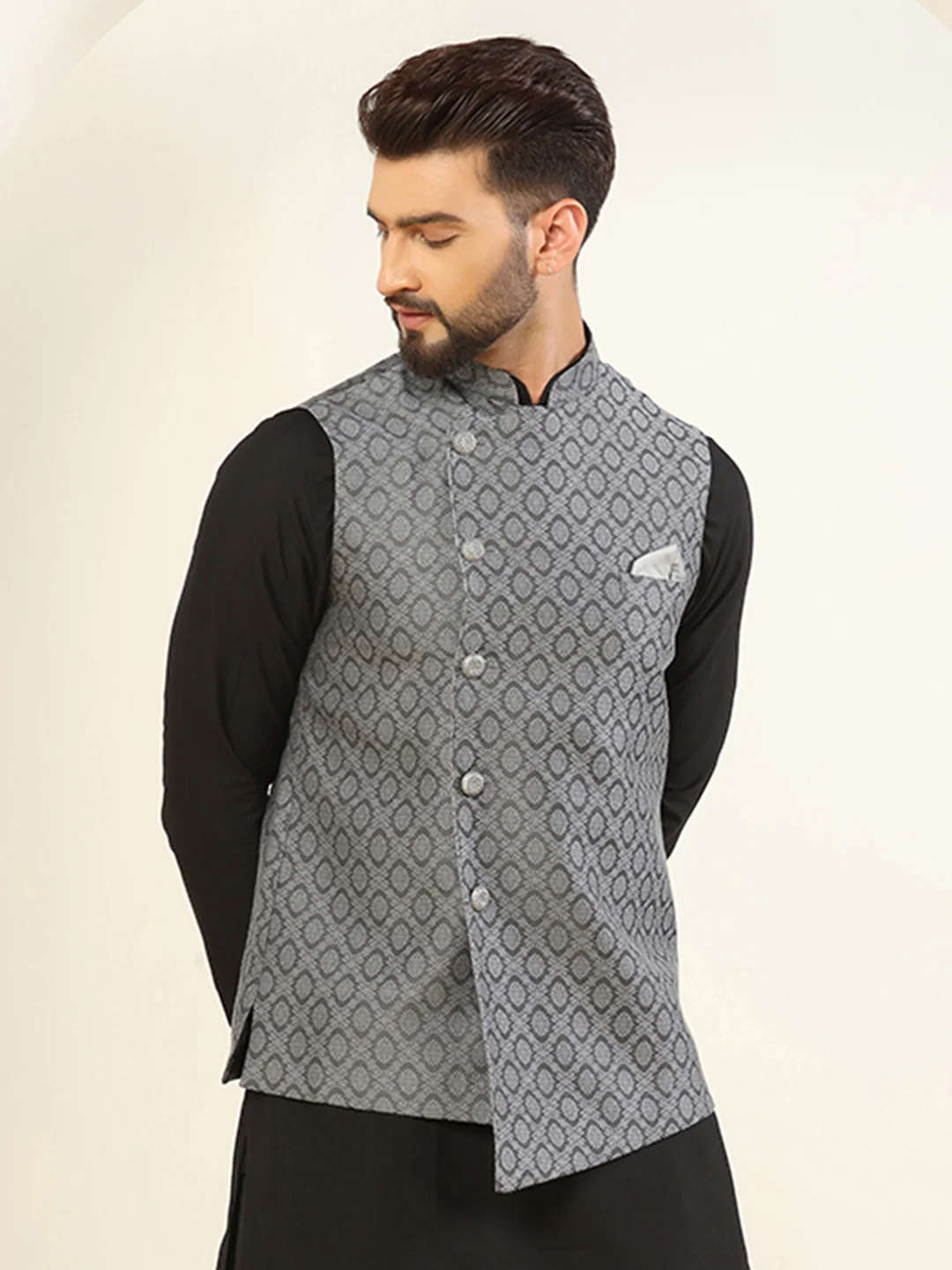Men Grey Asymmetrical Textured Nehru Jacket - Image 2