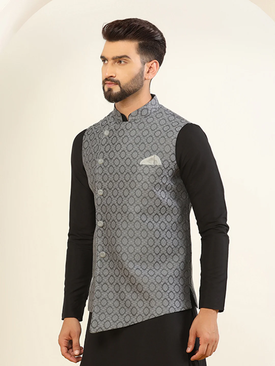 Men Grey Asymmetrical Textured Nehru Jacket - Image 3