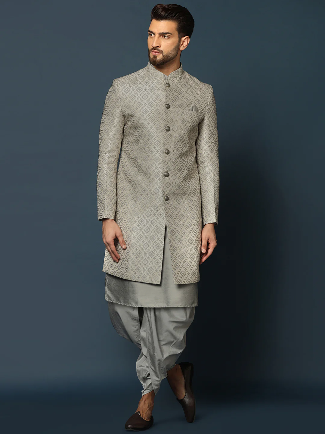 Grey Silk Blend Metallic Sherwani Dhoti Set