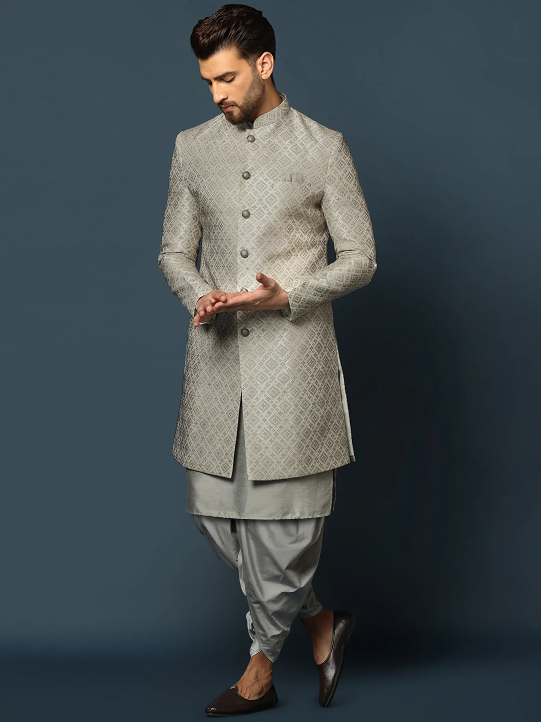 Grey Silk Blend Metallic Sherwani Dhoti Set - Image 3