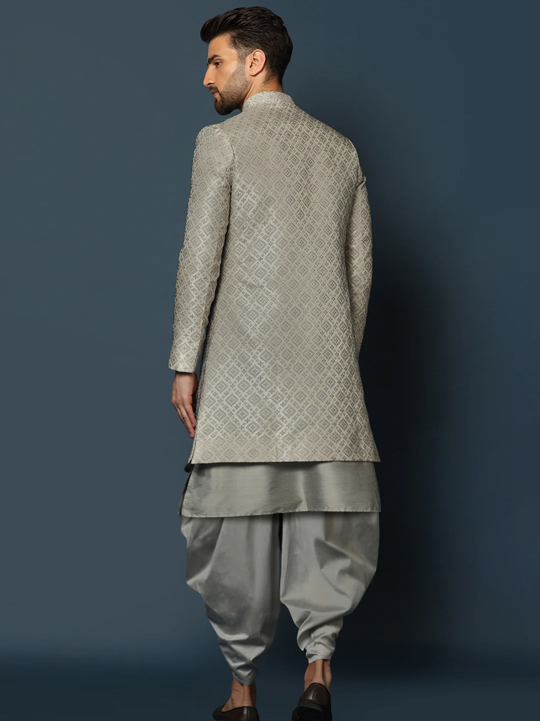 Grey Silk Blend Metallic Sherwani Dhoti Set - Image 4