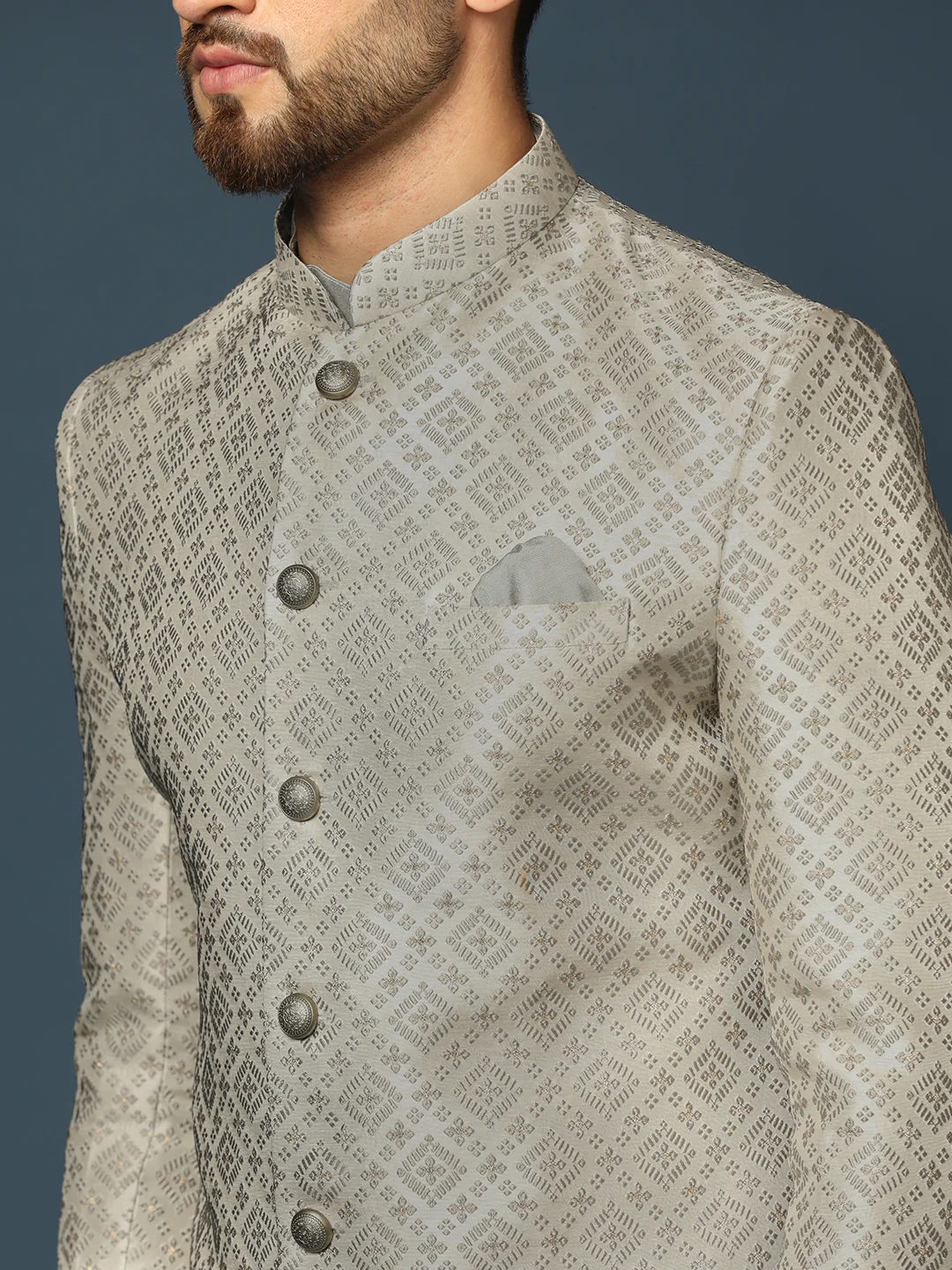 Grey Silk Blend Metallic Sherwani Dhoti Set - Image 6